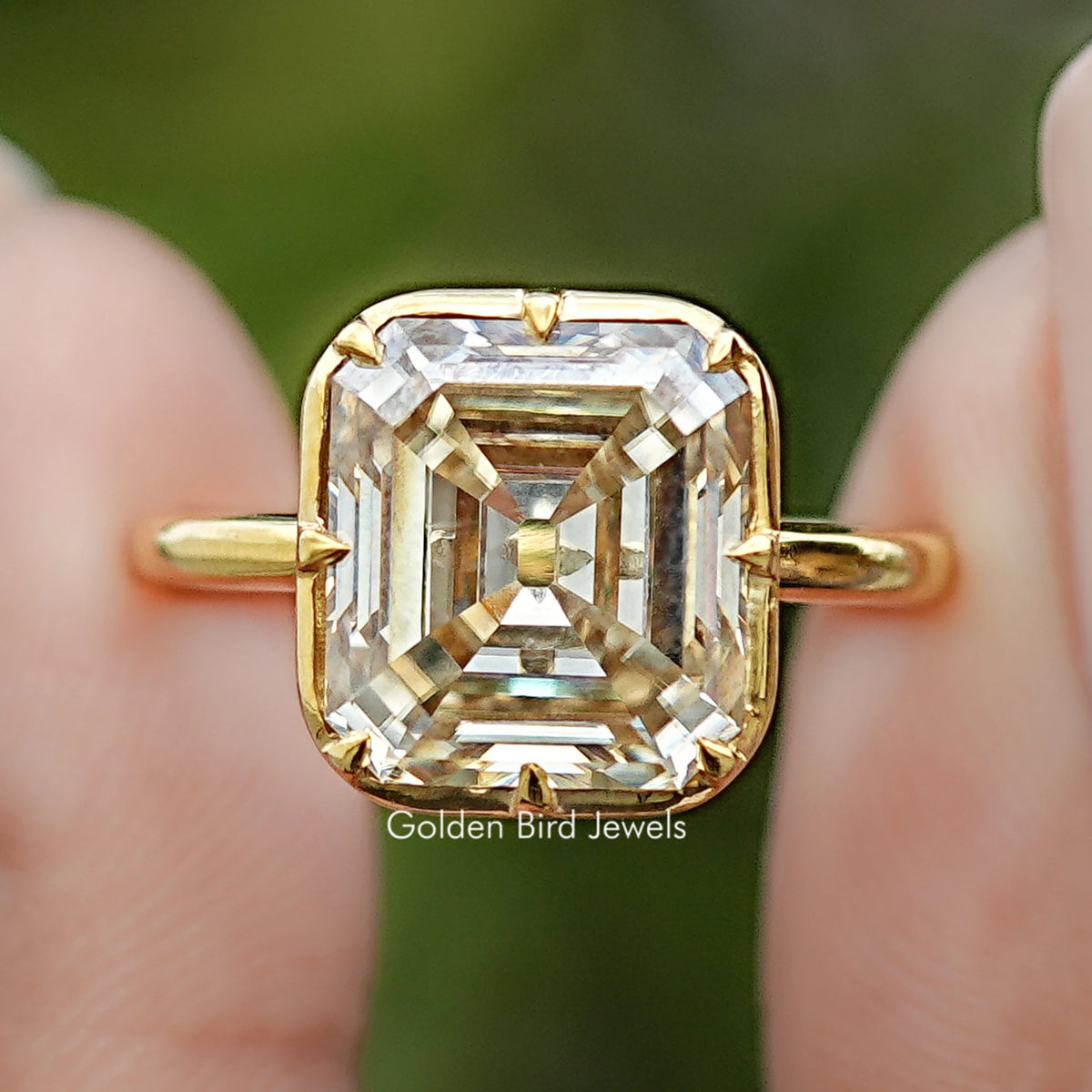 Front view of Old Mine Asscher Moissanite Solitaire Ring