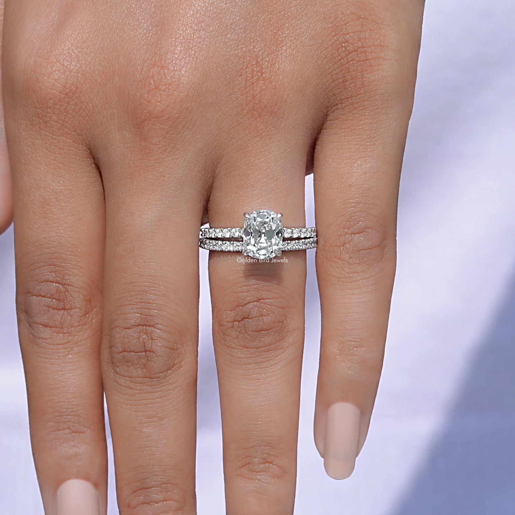 Close-Up View of Diamond Old Mine Cushion Cut Ring Set