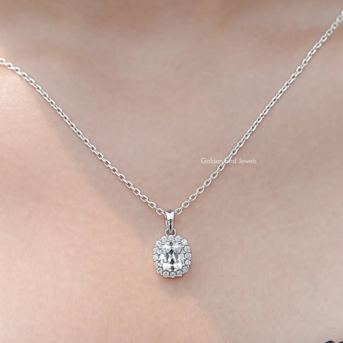 Close up view of Old Mine Cushion Cut Lab Diamond Halo Pendant