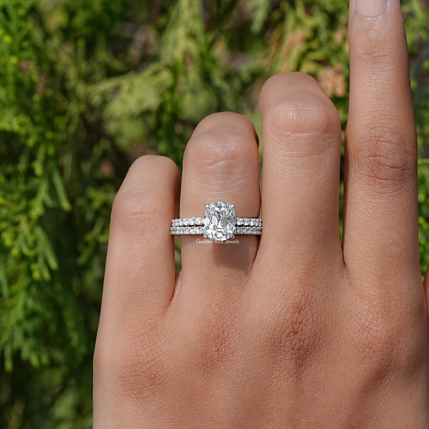 Front View of Lab Diamond Old Mine Cushion Cut Ring