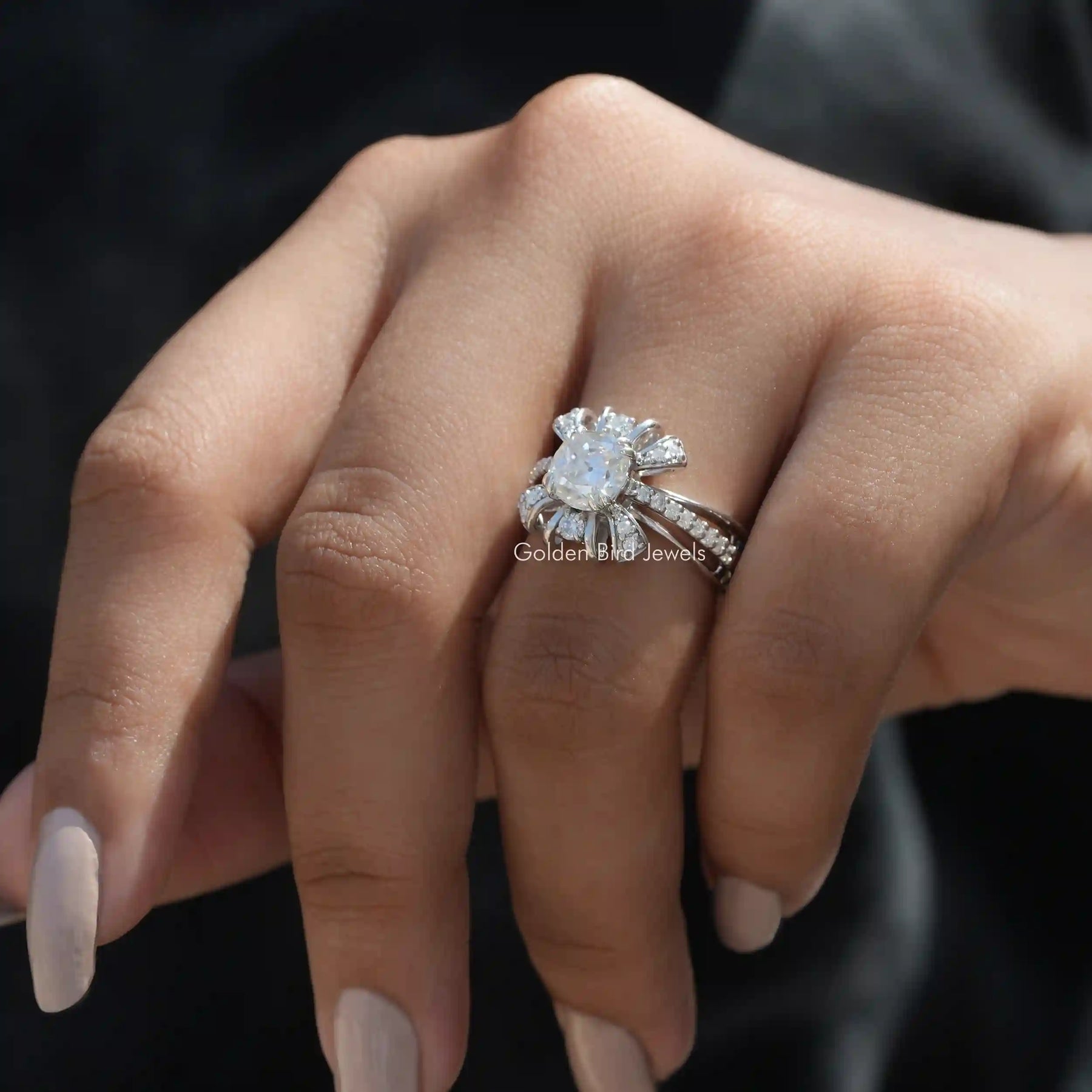 Moissanite Old Mine Cushion Cut Vintage Bridal Ring In Finger