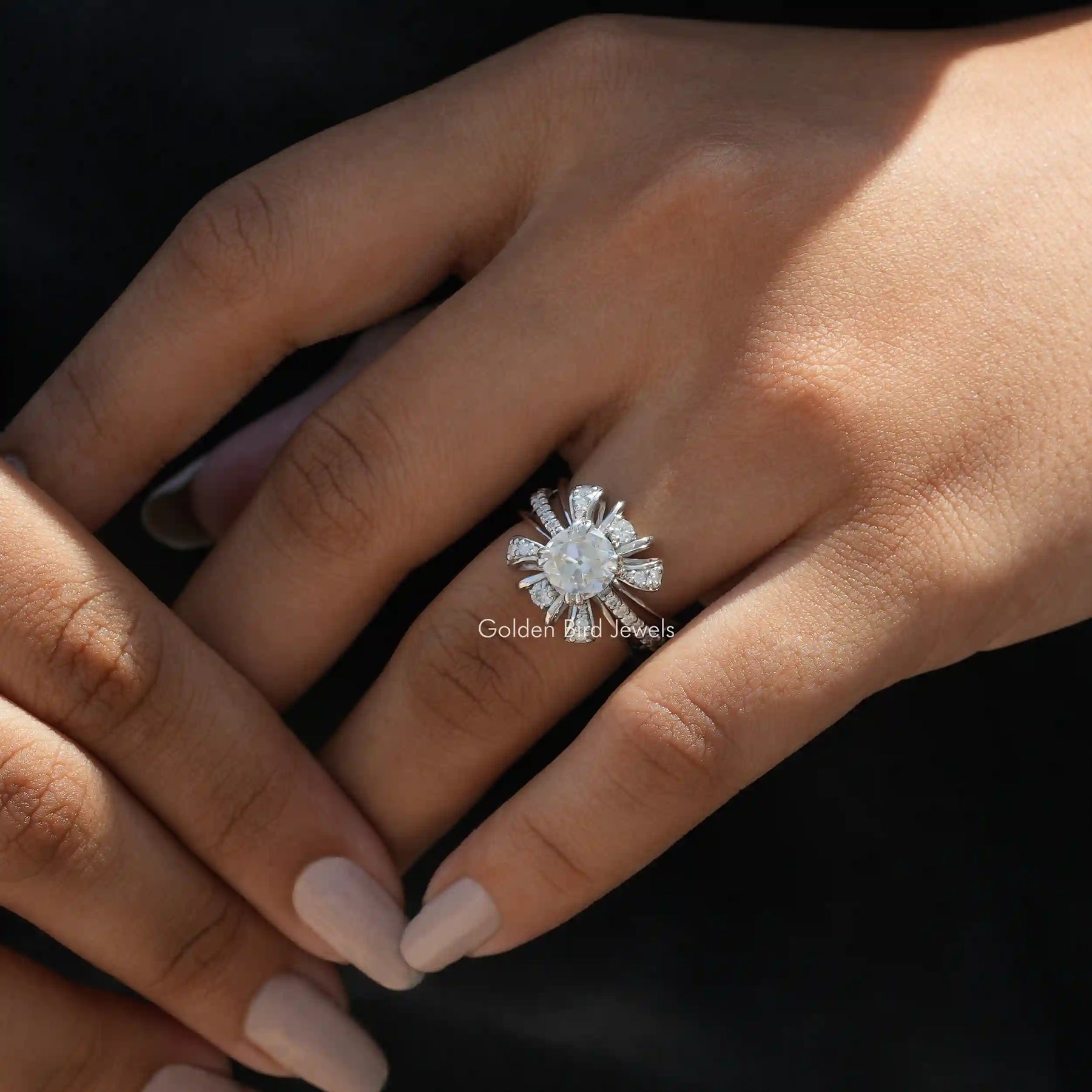 View of Moissanite Old Mine Cushion Cut Ring In Finger