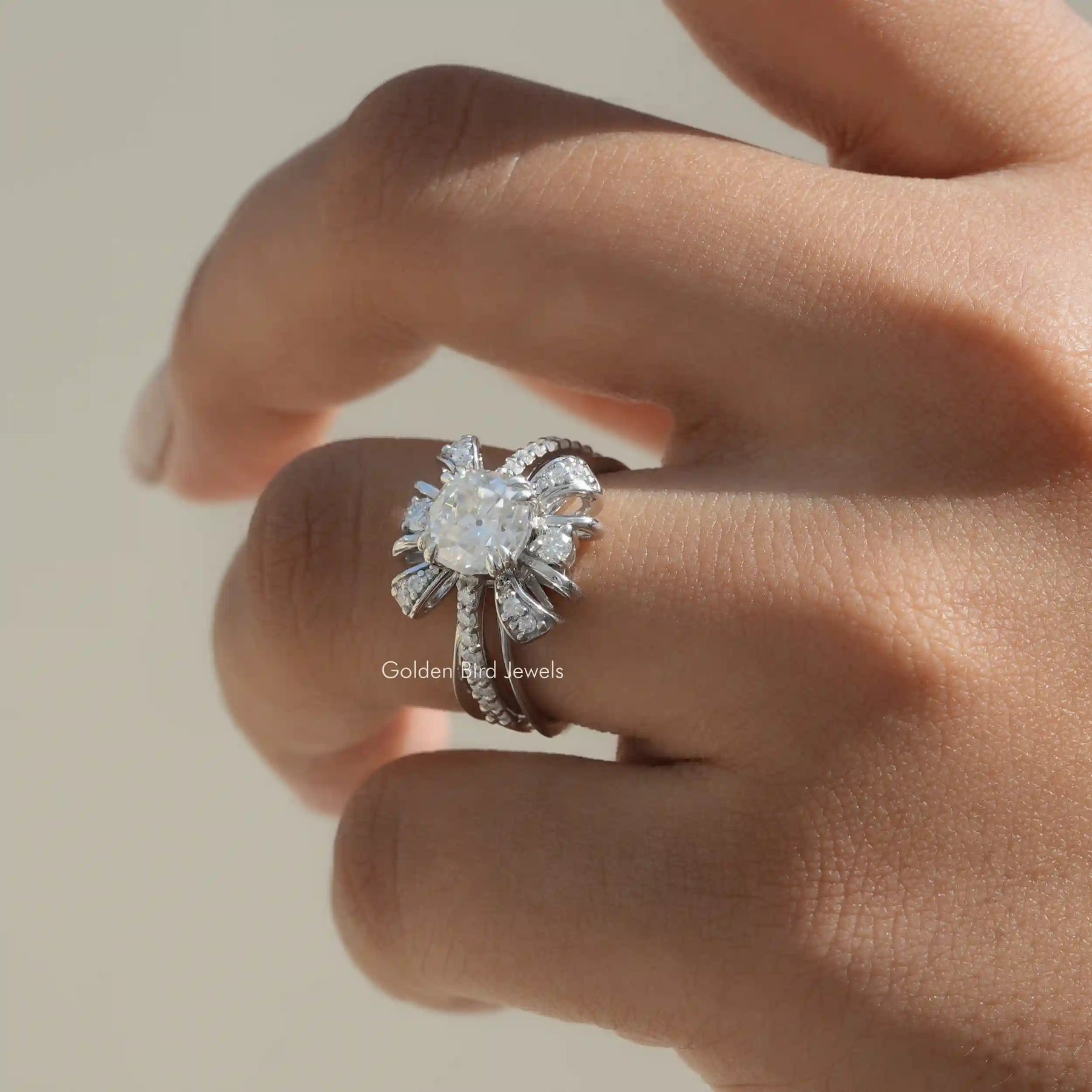 View of Old Mine Cushion Cut Moissanite Ring In Finger
