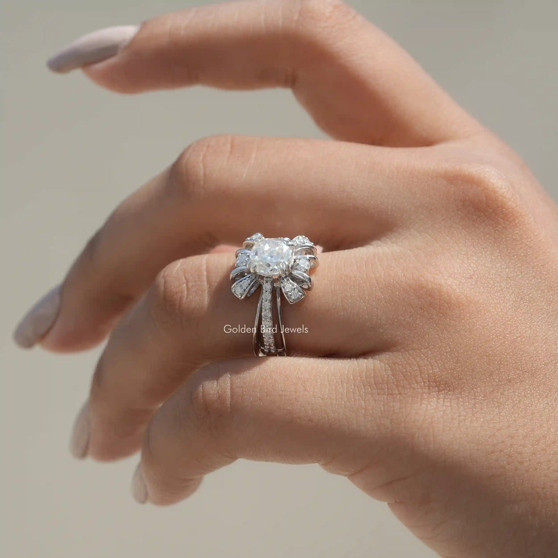 View of Old Mine Cushion Cut Moissanite Engagement Ring In Finger