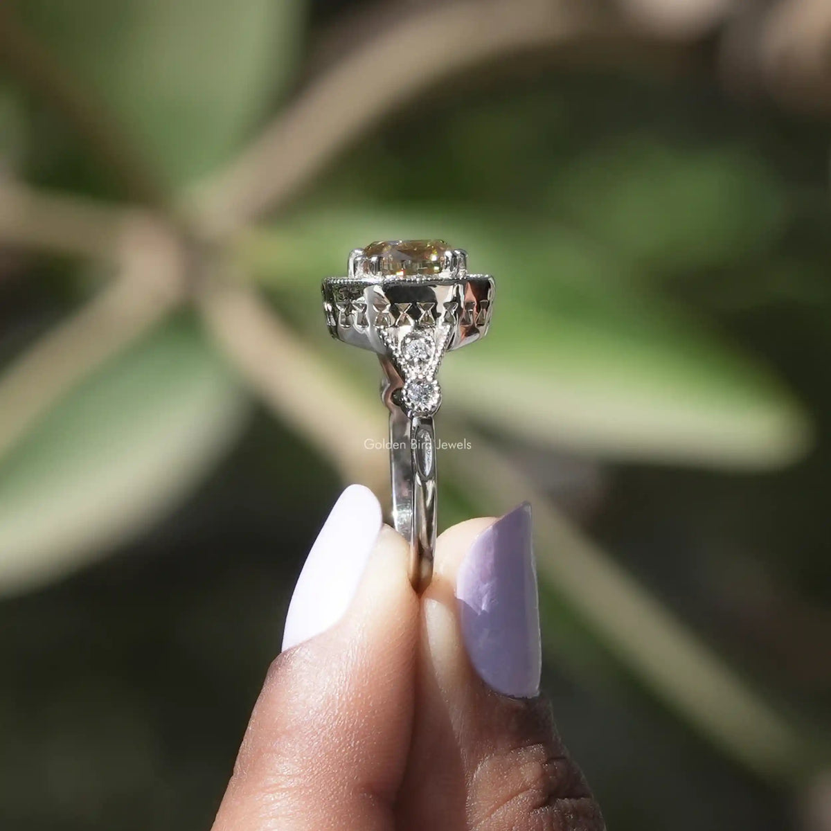 Yellow Old Mine Cushion Moissanite Halo Accent Ring