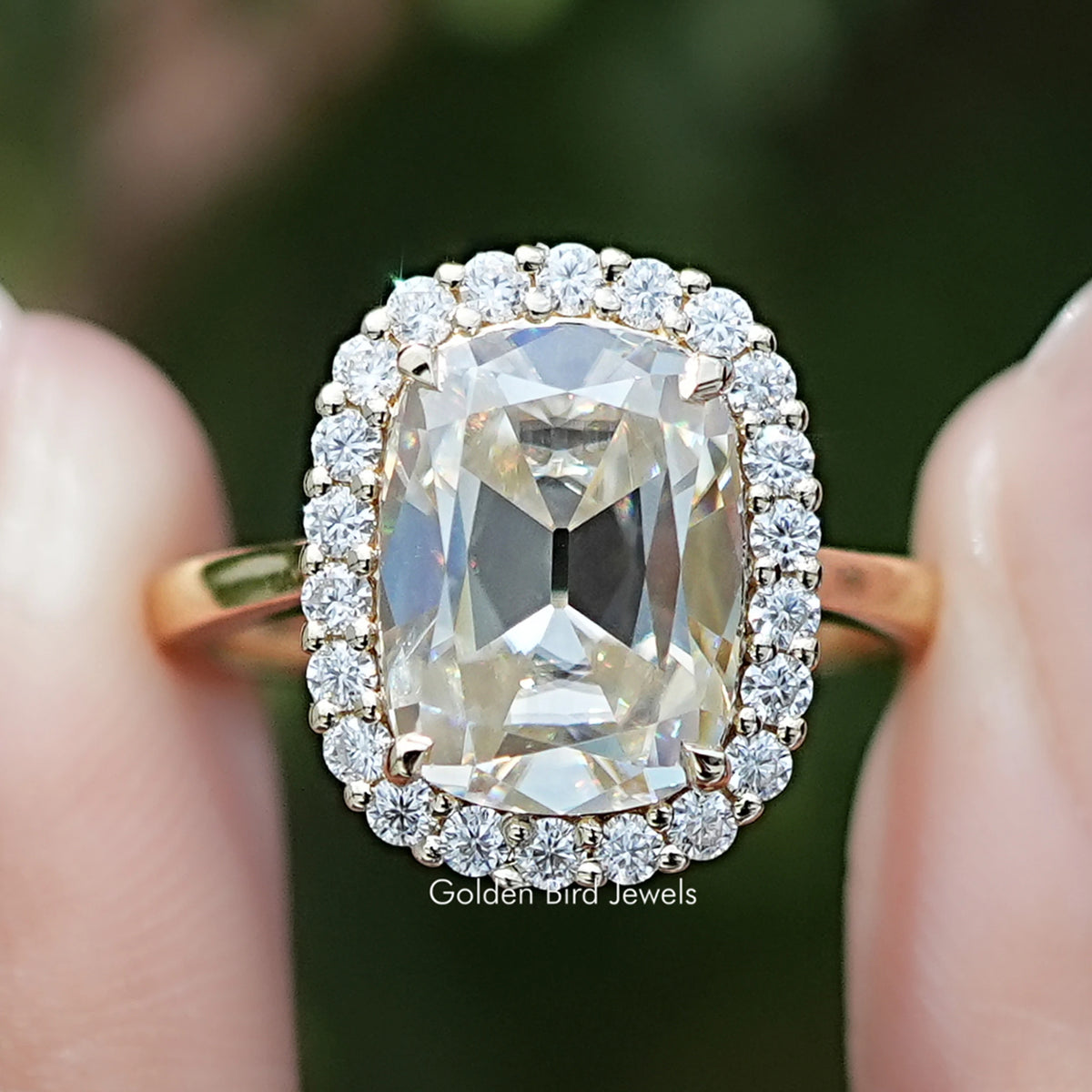 Front view of Old Mine Cushion Cut Moissanite Halo Ring