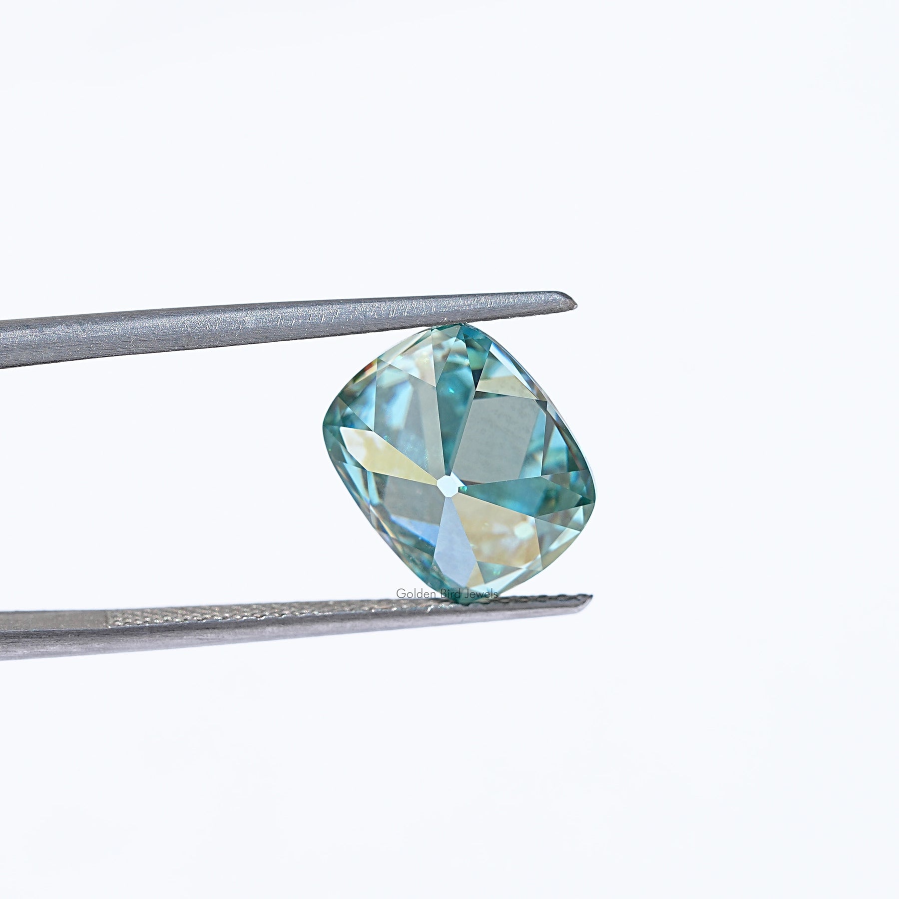 Close View Of Blue Cushion Cut Loose Moissanite