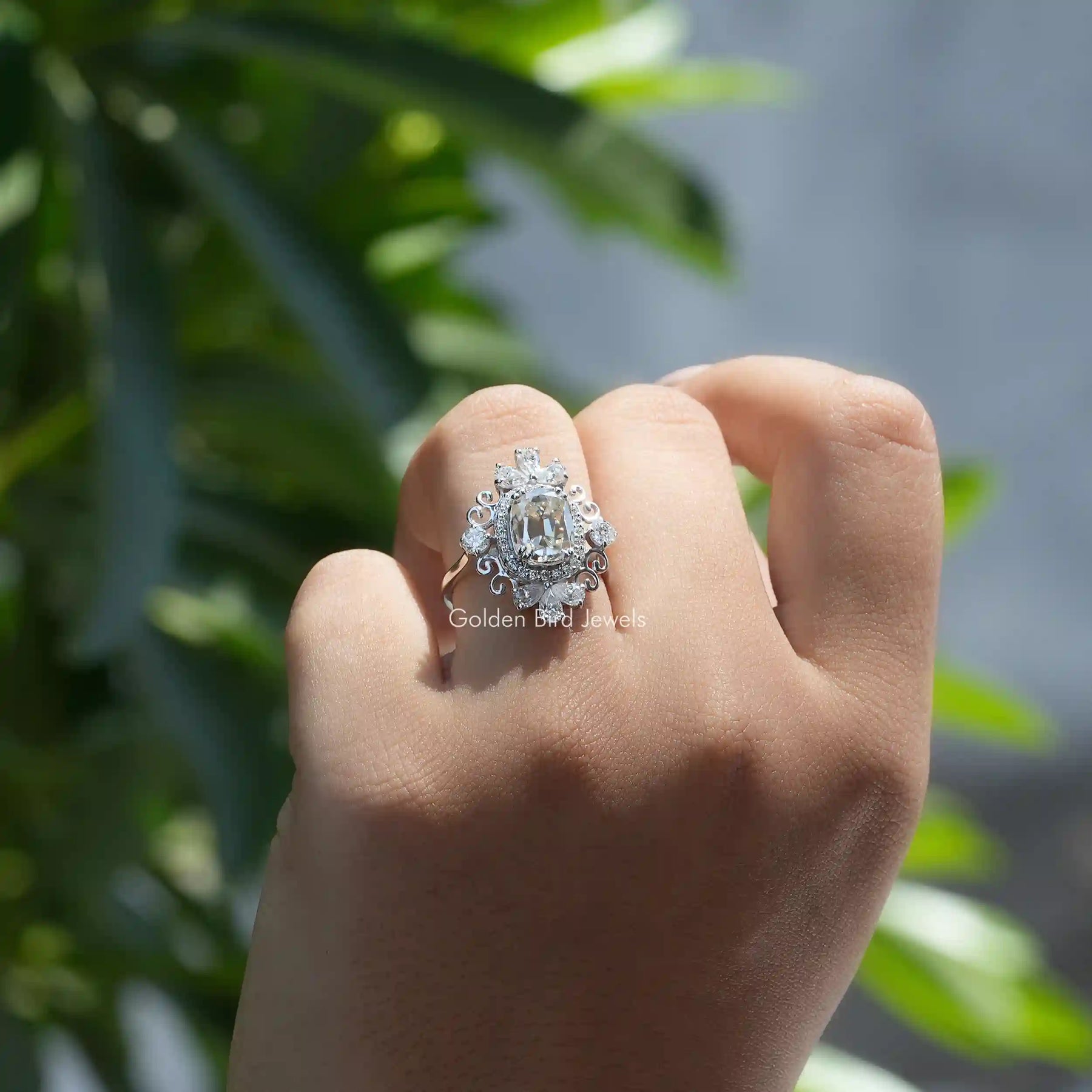 Detailed View Of Moissanite Old Mine Cushion Cut Vintage Ring In White Gold
