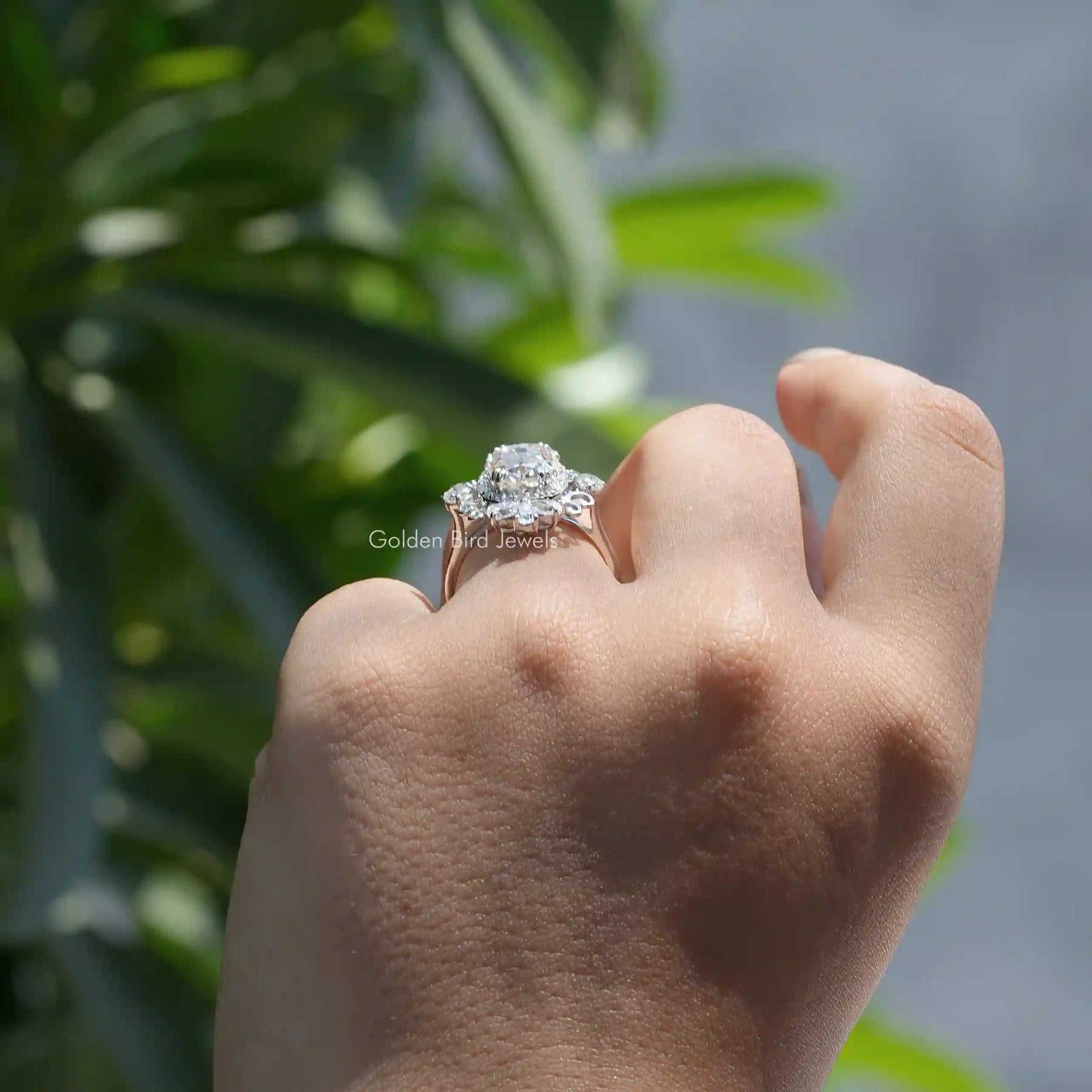 Back View of Moissanite Old Mine Cushion Cut Ring In finger