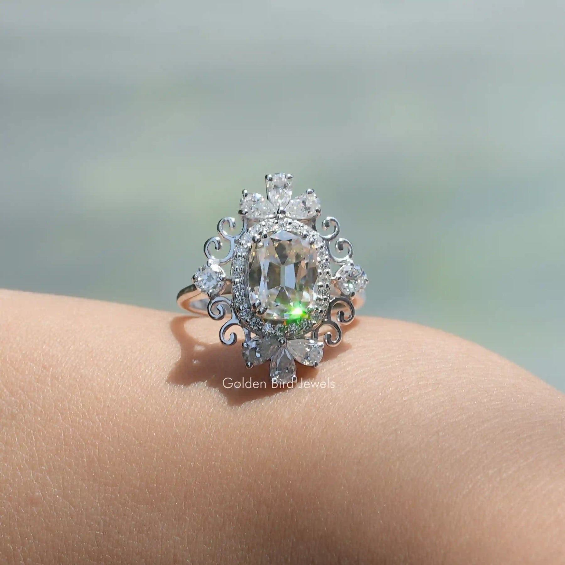 Old Mine Cushion Cut Moissanite Ring In Finger