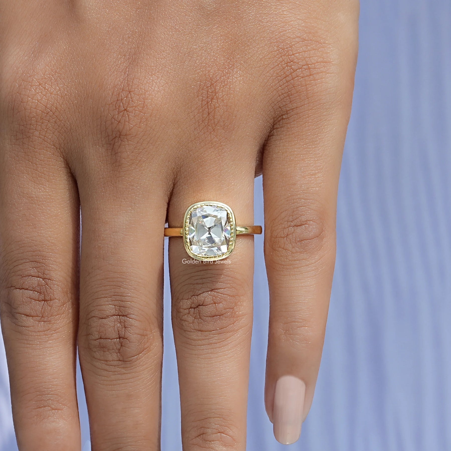 Close-Up View of Cushion Cut Moissanite Engagement Ring In White Gold