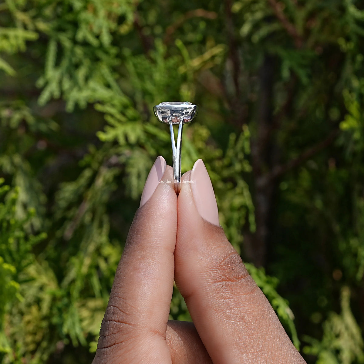 Side view of cushion cut moissanite split shank Ring in White gold