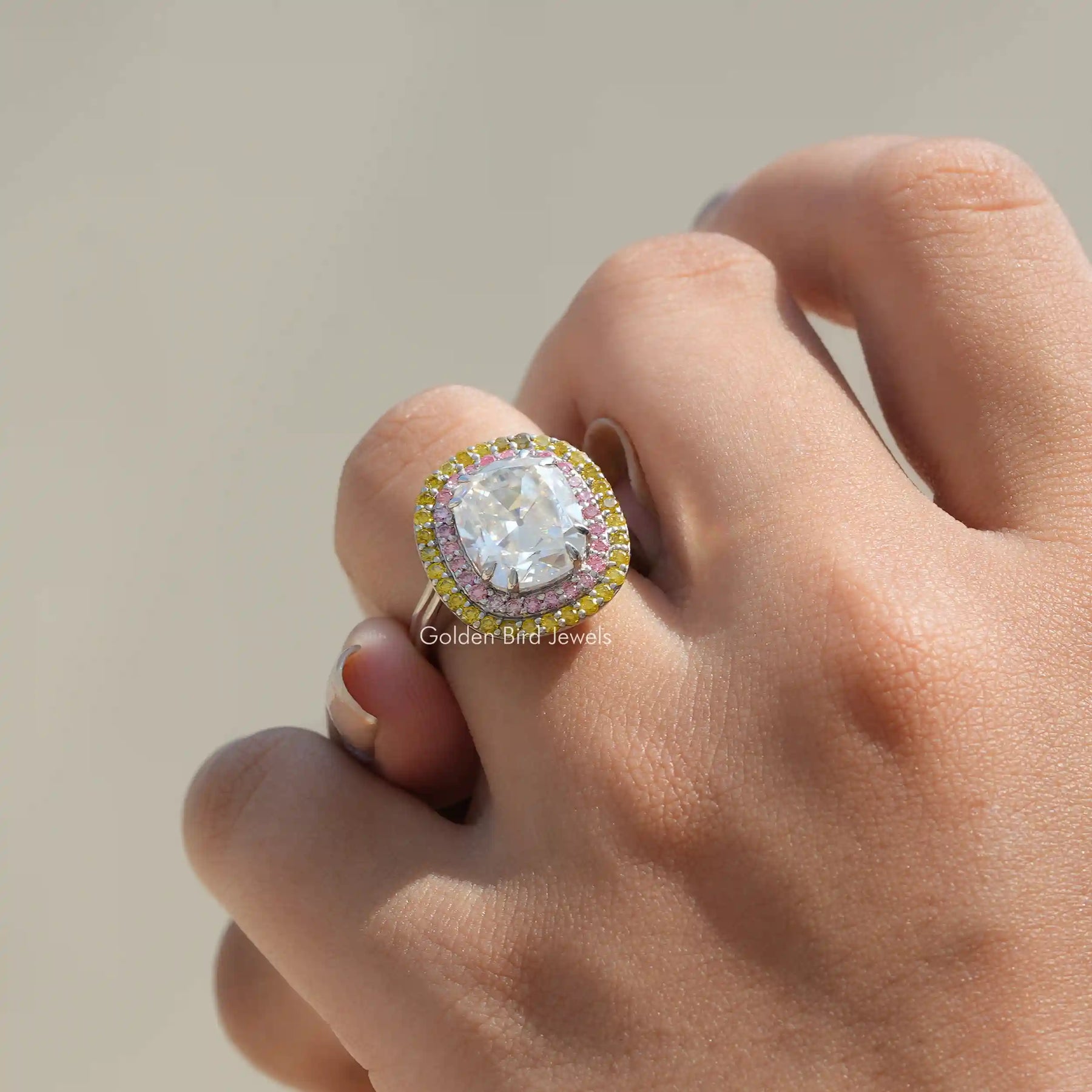 View of Old Mine Cushion Cut Vintage Style Engagement Ring In Finger