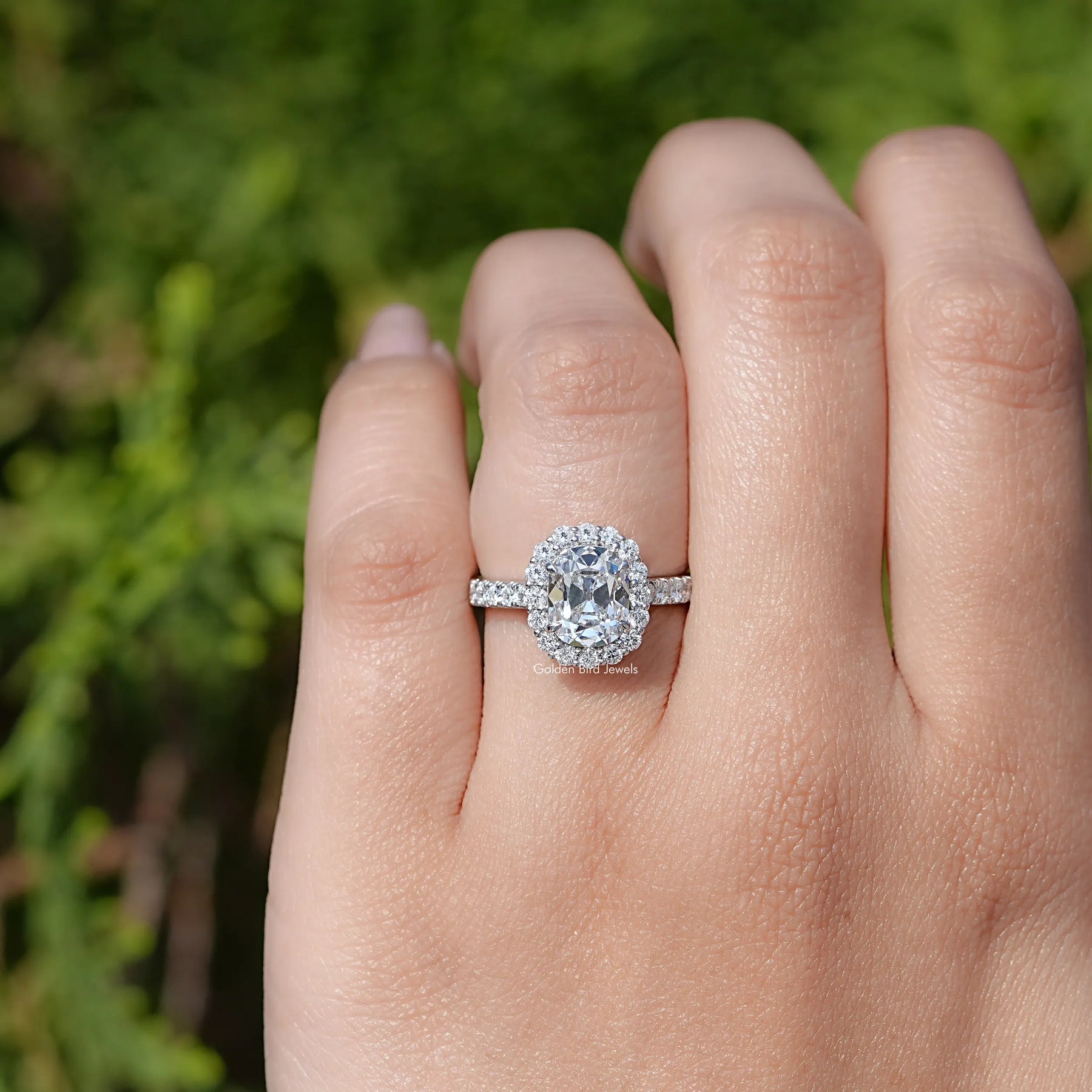 Close view of Asscher Cut Accent Halo Wedding Ring