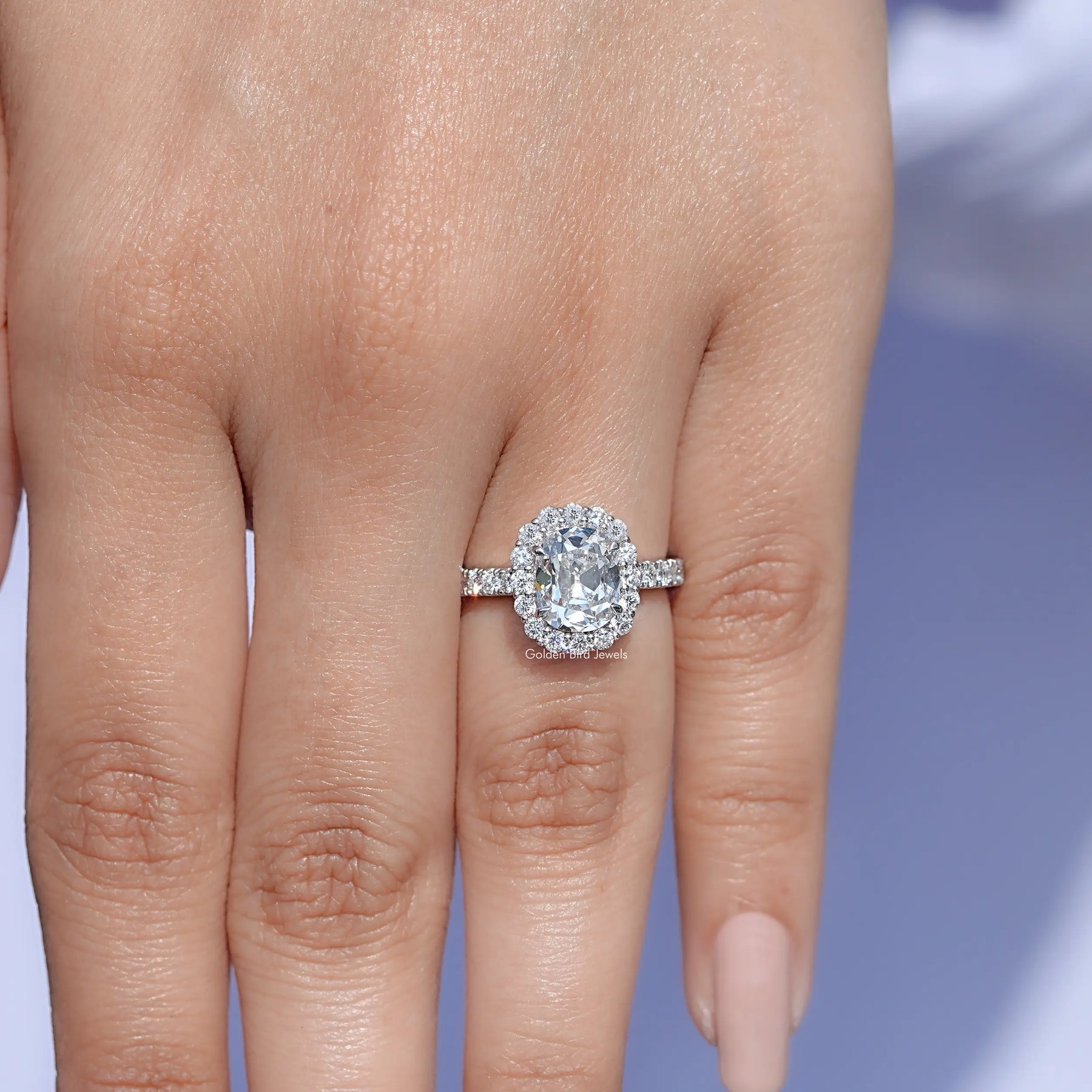 Top view of Cushion Cut Accent Halo Wedding Ring for women 's wear
