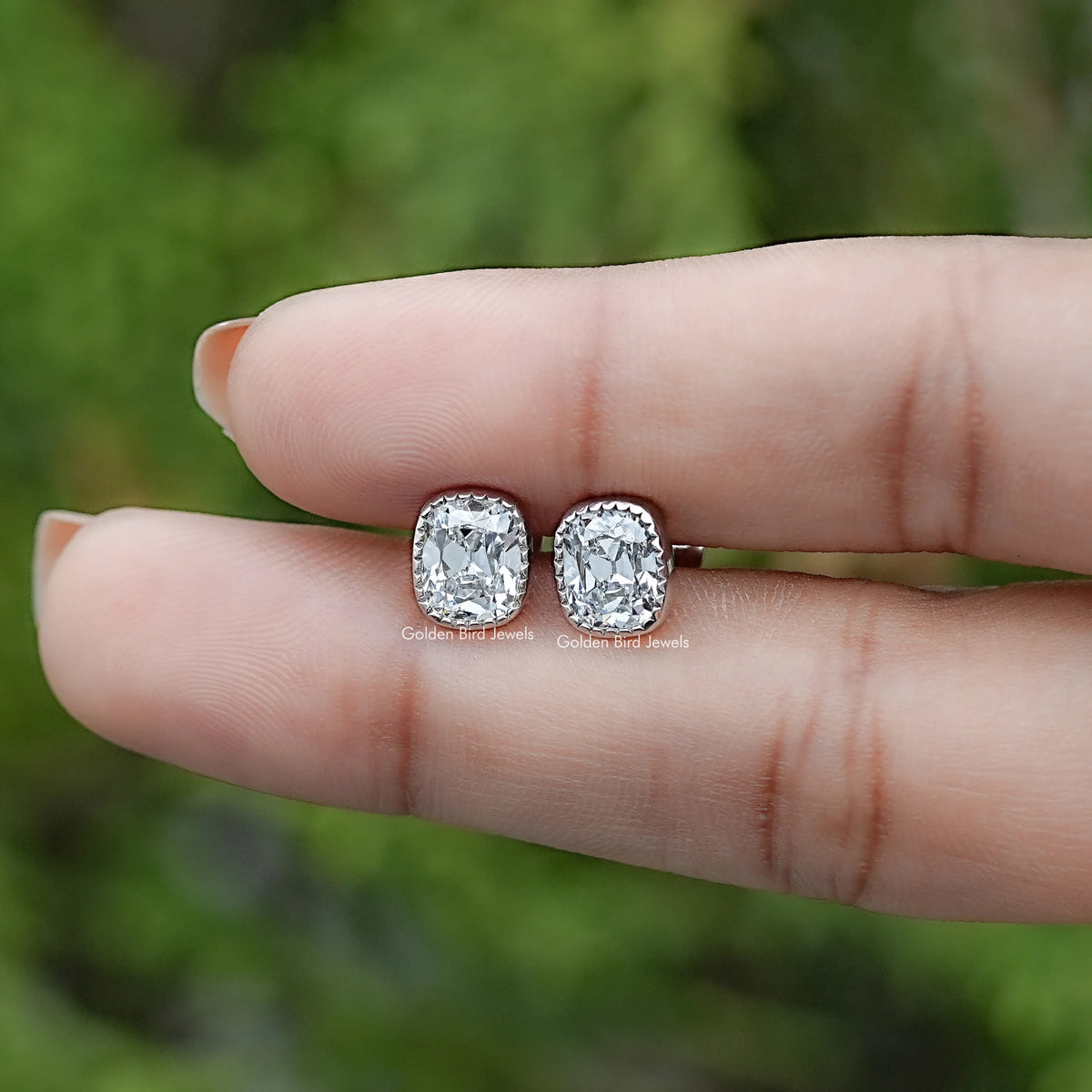 Old Mine Cushion Lab Diamond Milgrain Bezel Studs