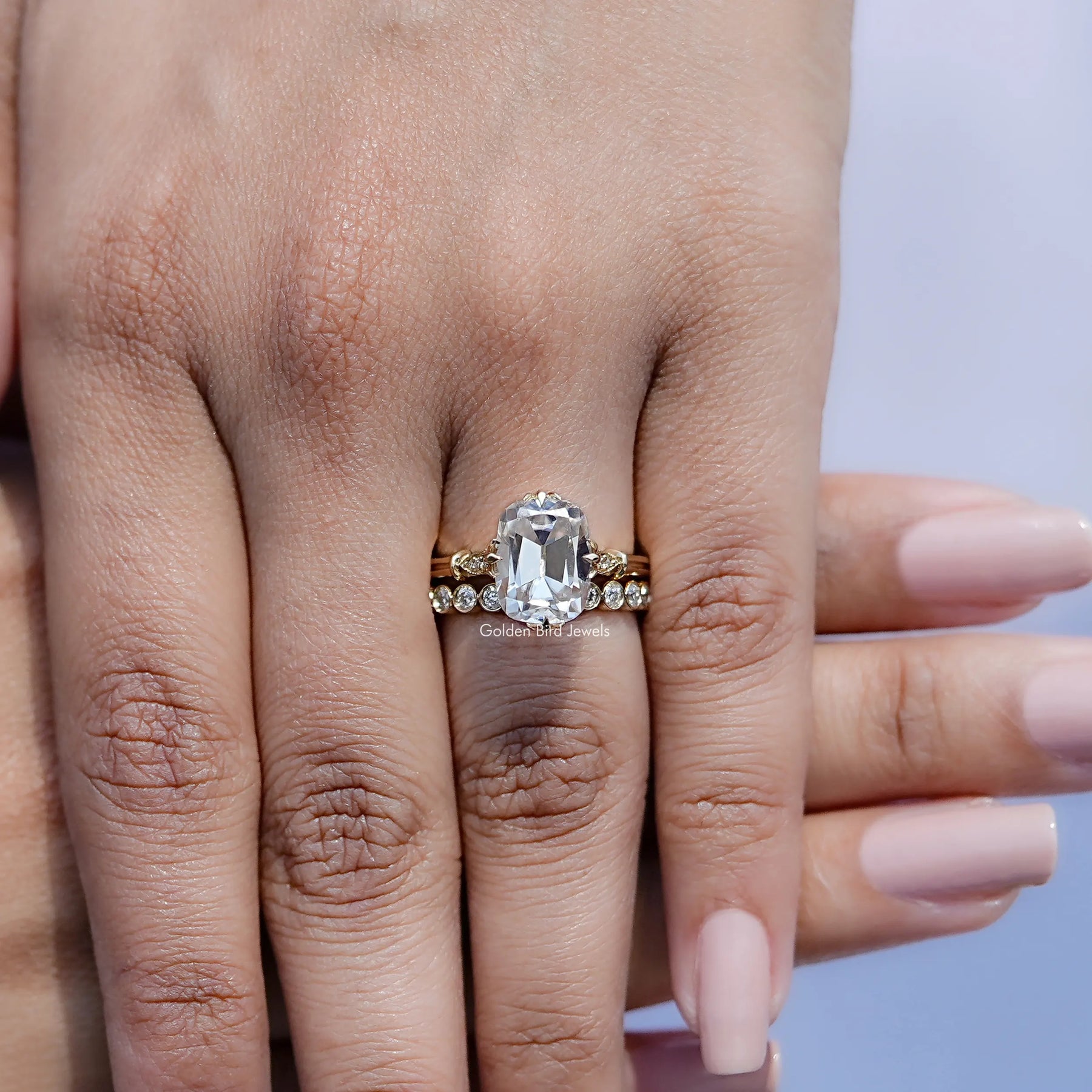 Close view of Old Mine Cushion Moissanite Solitaire Ring
