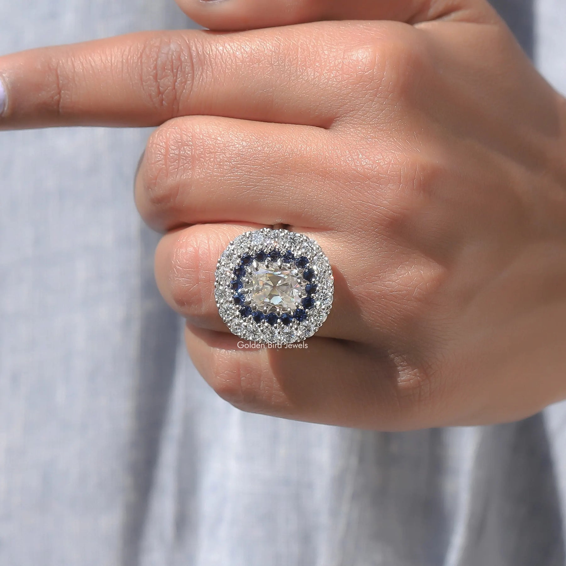 View of Cushion Cut Moissanite Ring In finger