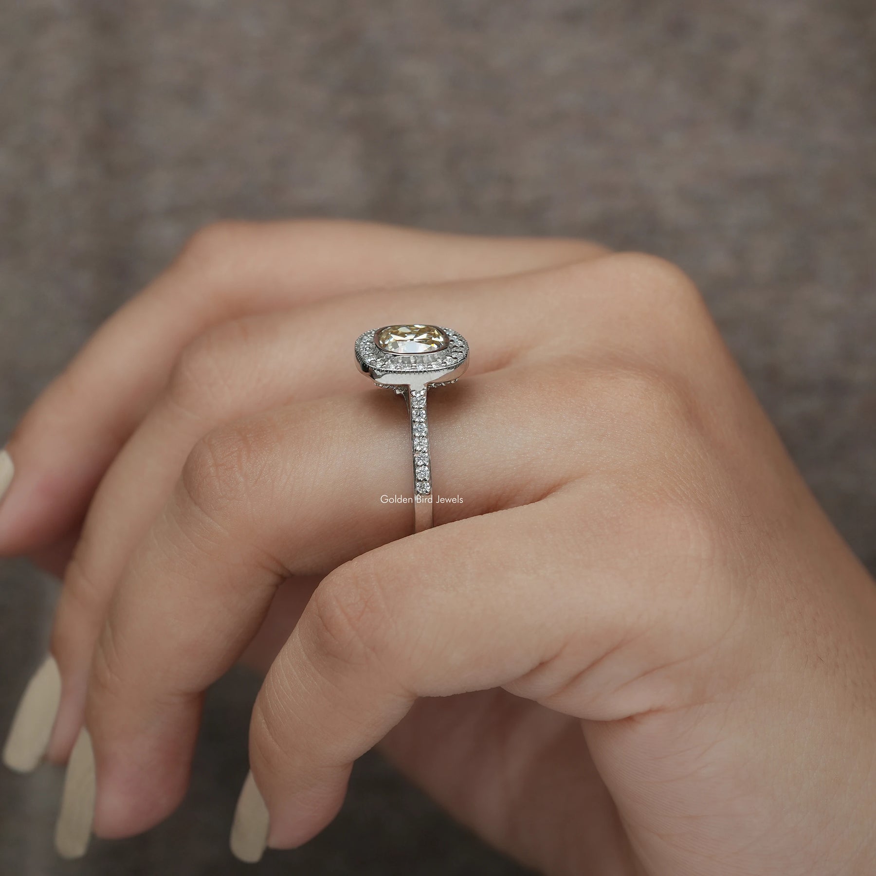 Detailed View Of Cushion Cut Halo Engagement Ring In White Gold