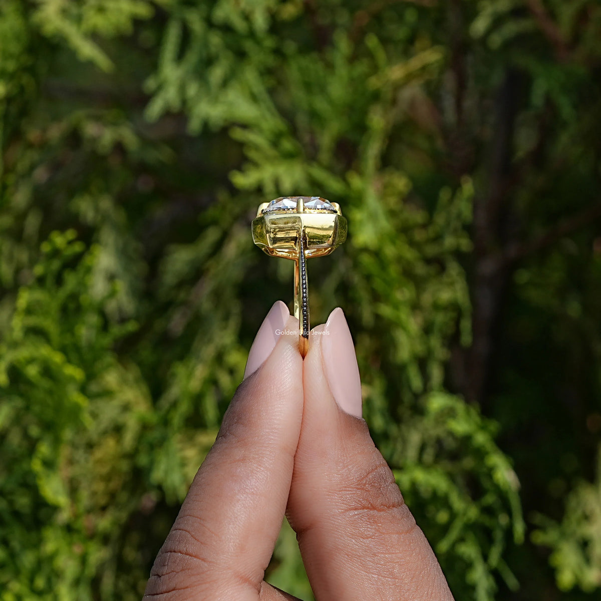 Back view of moissanite Cushion cut milgrain solitaire ring