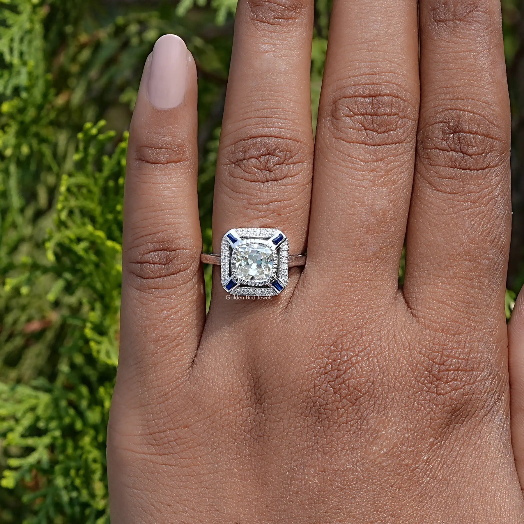 View of Cushion Cut Moissanite Engagement Ring In White Gold