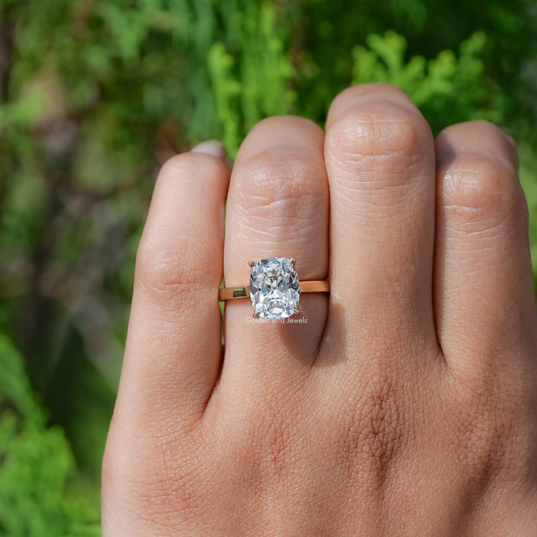 View of Cushion Cut Lab Diamond Hidden Halo Ring In Finger