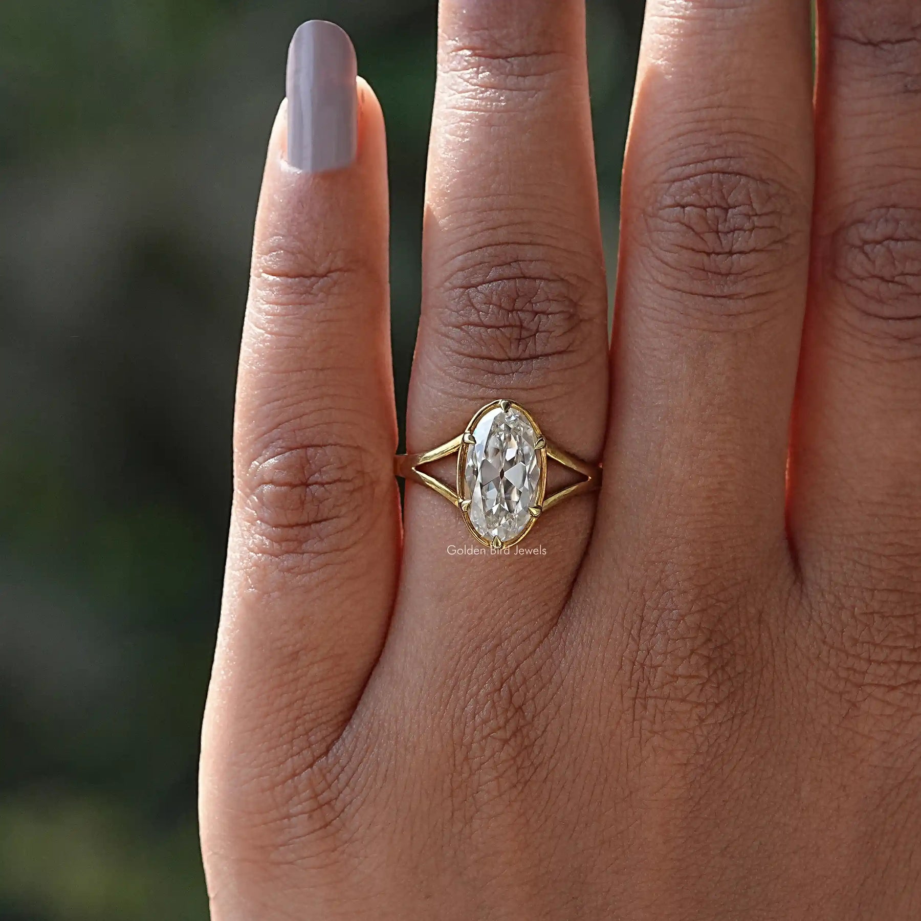 View of Old Mine Moval Cut Solitaire Ring In finger