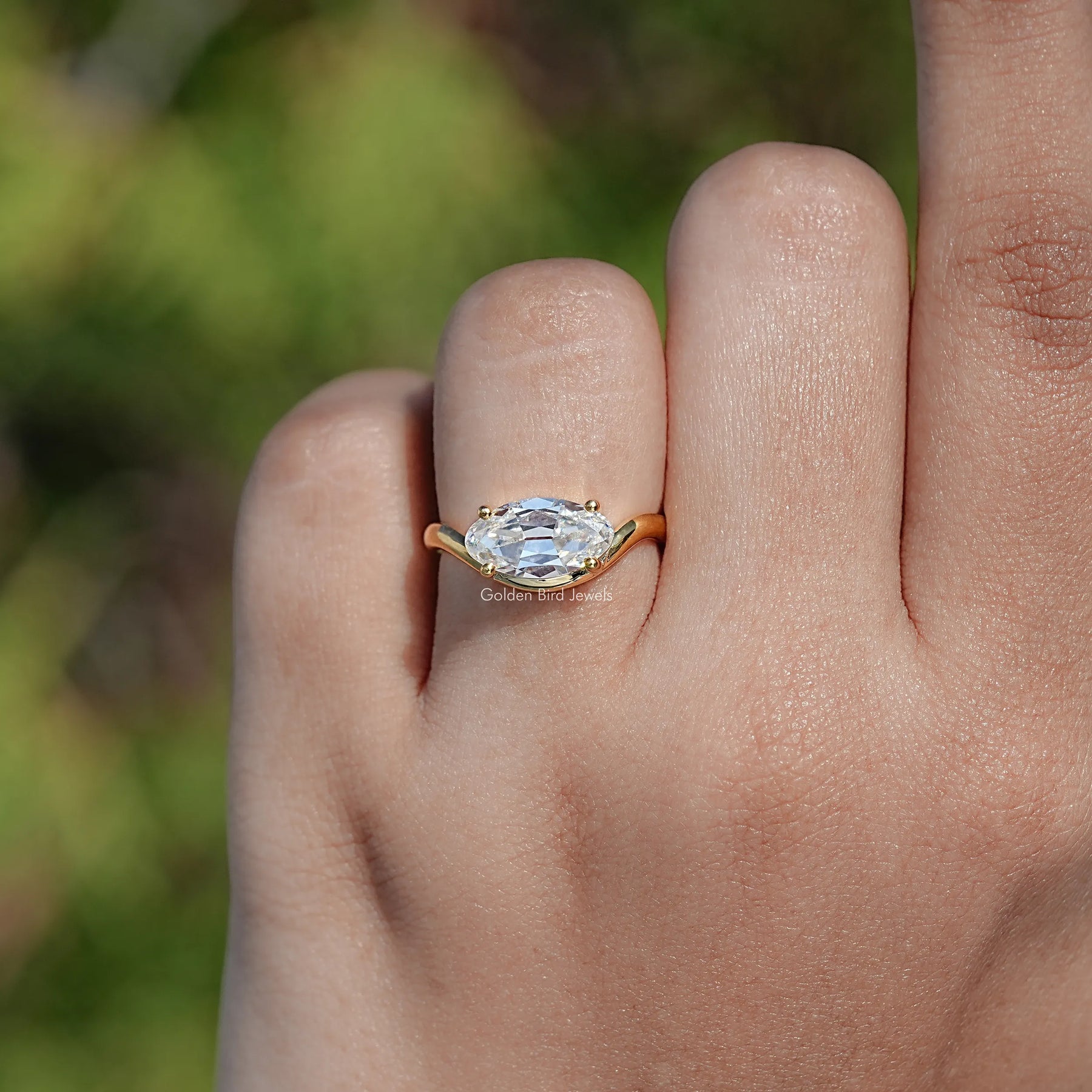 East West Old Mine Moval Cut Moissanite Solitaire Ring