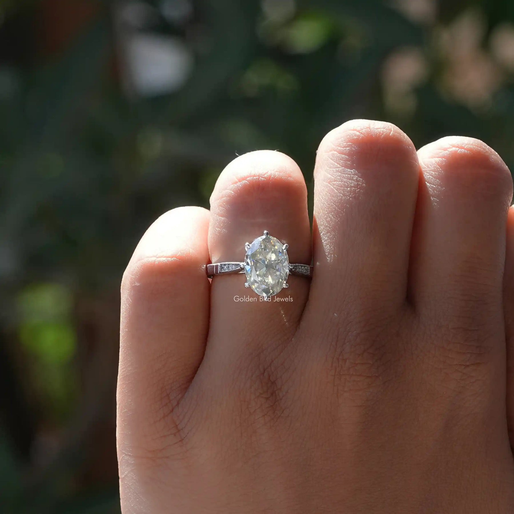 Old Mine Oval Cut Accent Stone Ring In White Gold
