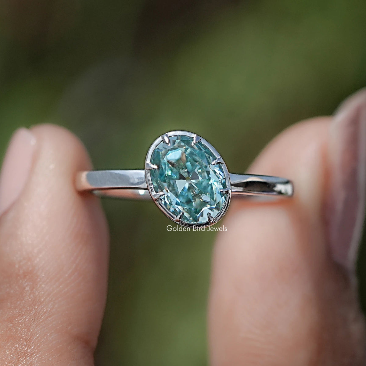 Blue Old Mine Oval Moissanite Solitaire Ring