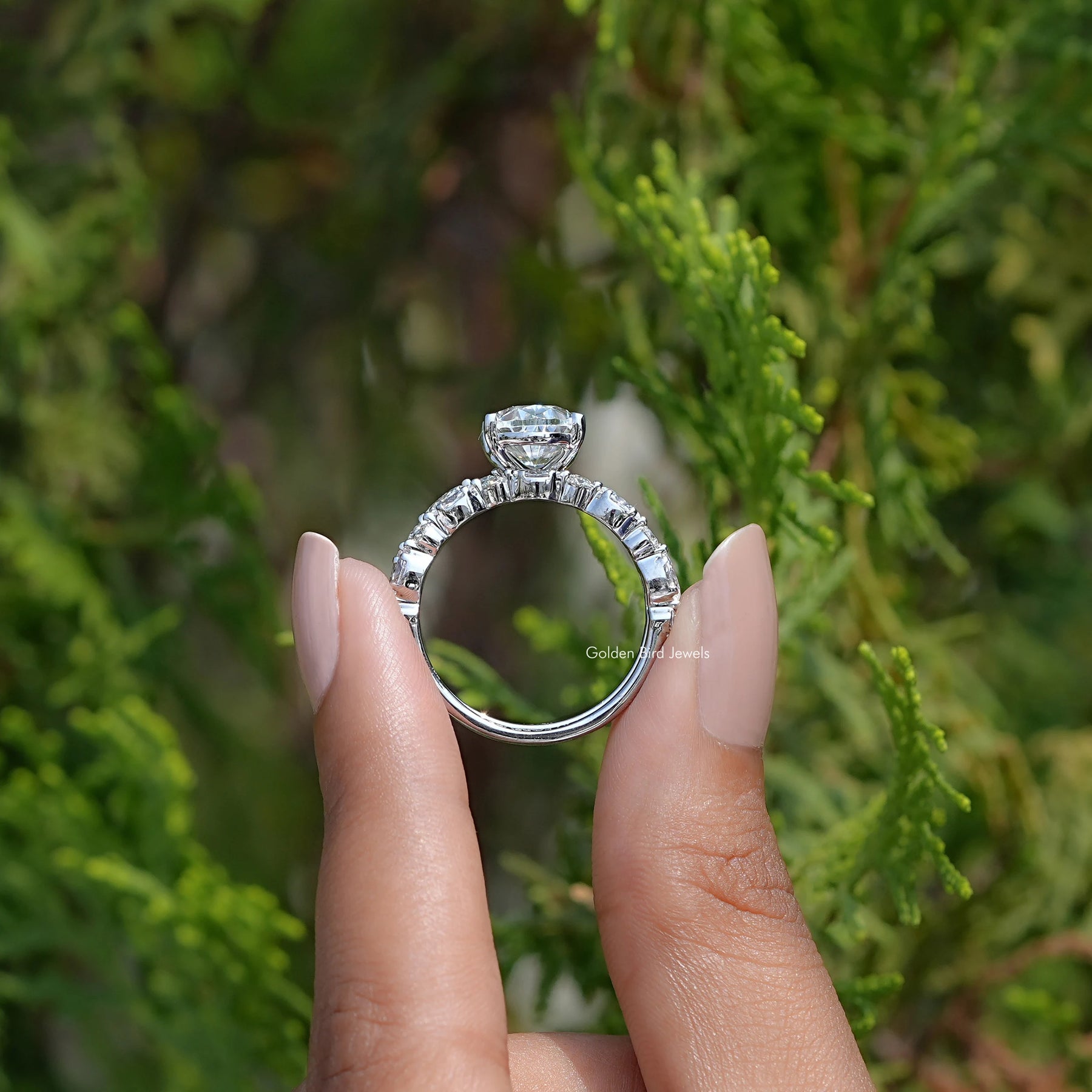Back view of Crushed ice Oval Cut moissanite Bridal Set ring