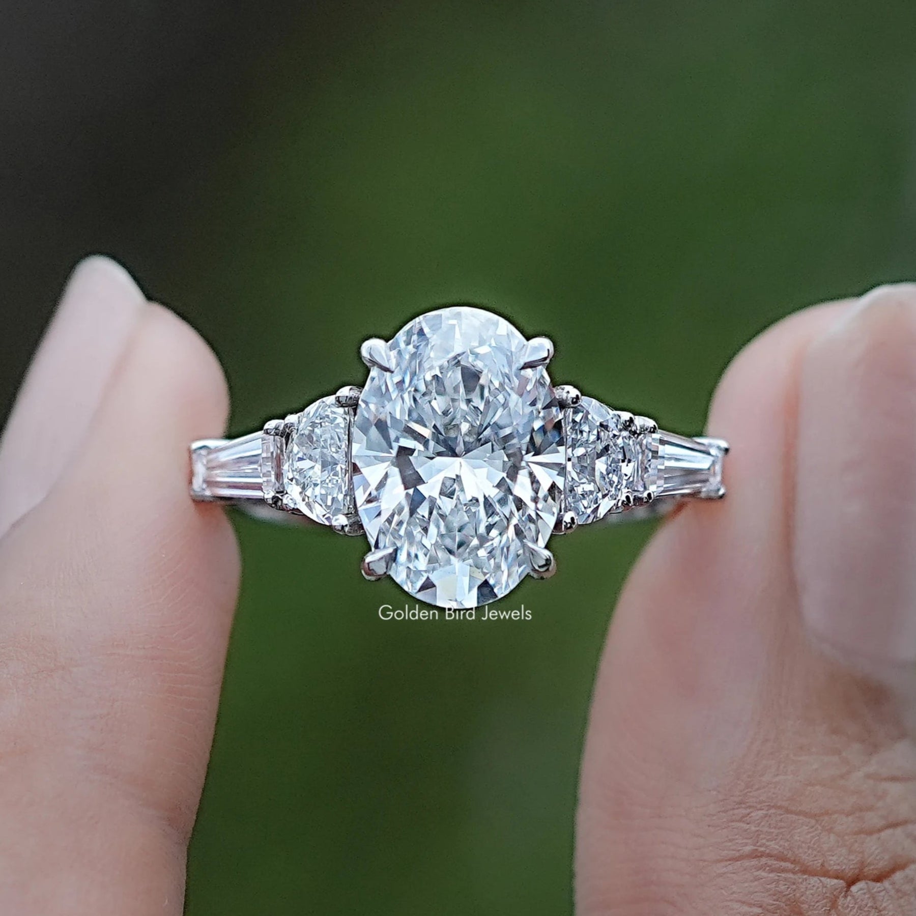 Oval And Half Moon Lab Diamond Five Stone Ring In Two Fingers