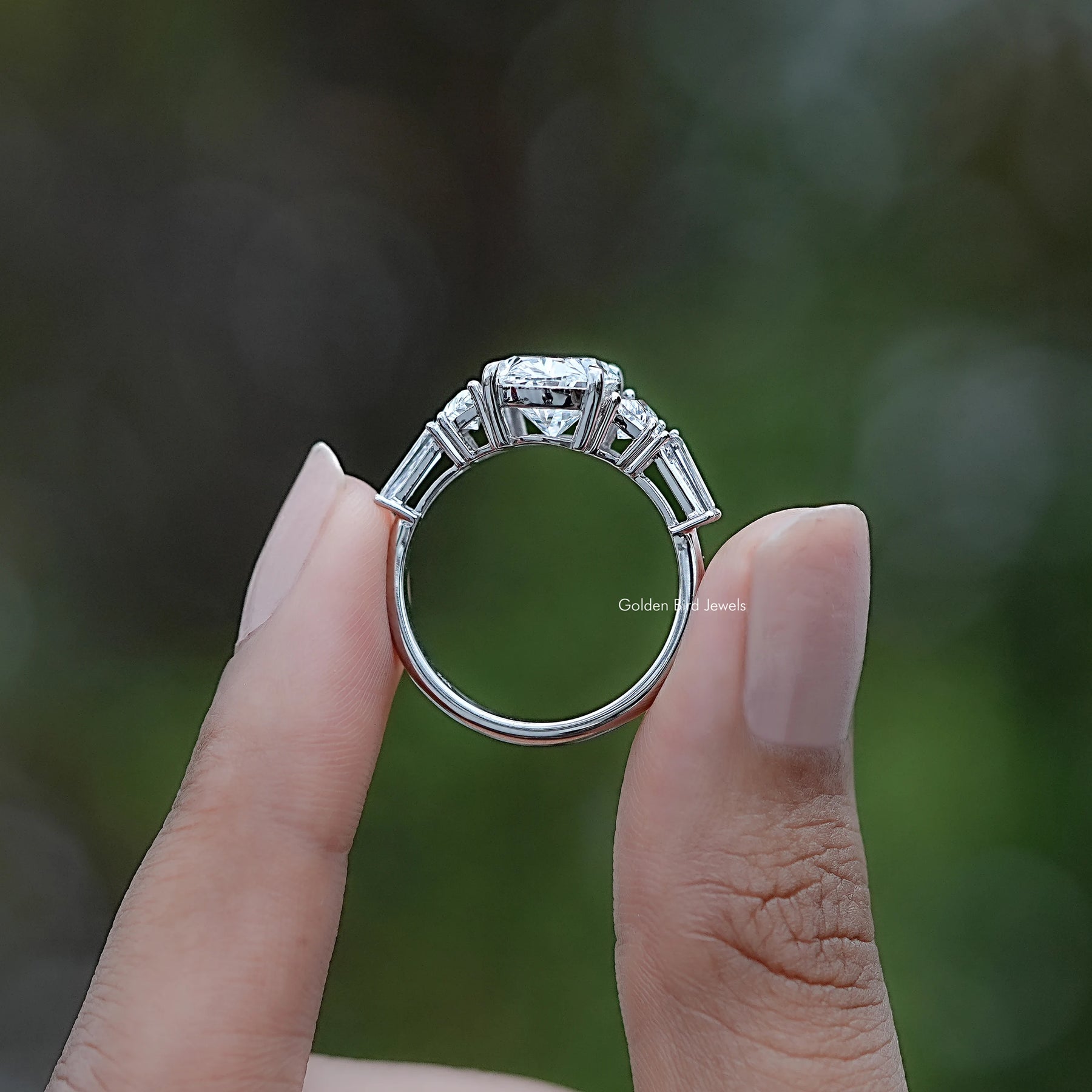 Back view of Oval And Half Moon Lab Diamond Five Stone Ring