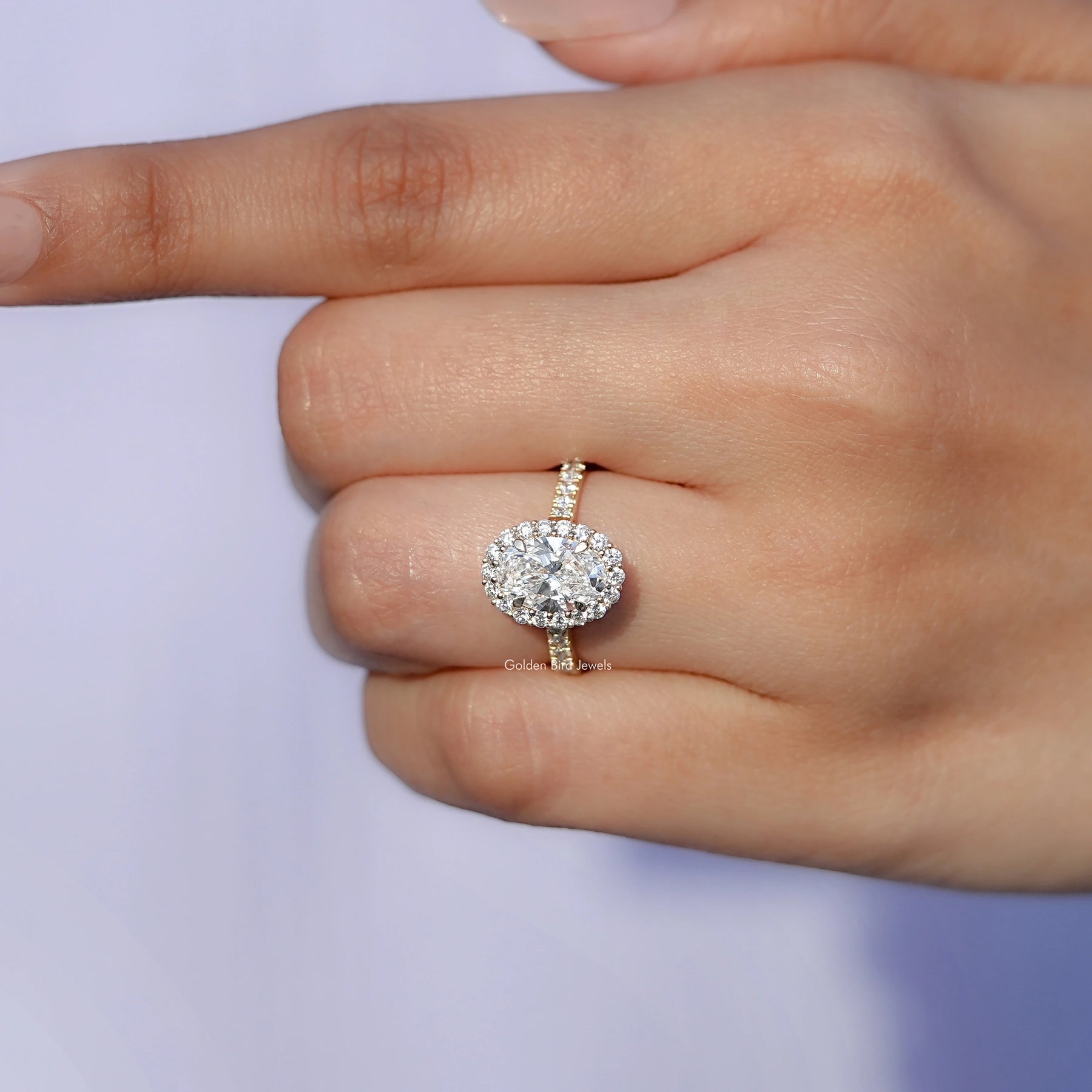 Detailed View of Oval Cut Lab Diamond Halo Accent Engagement Ring In Yellow Gold