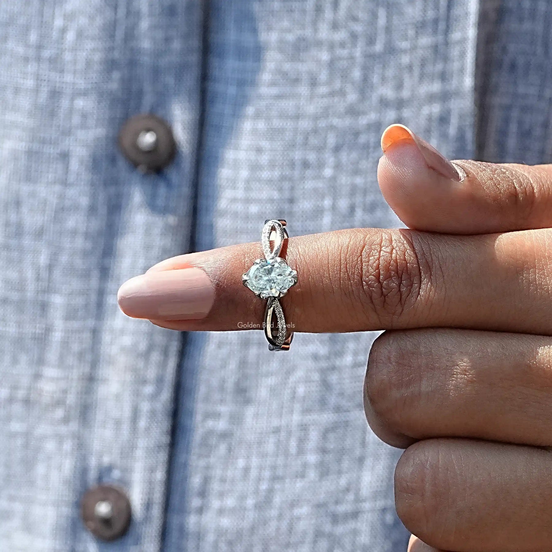 In finger front View of Oval Cut Moissanite Wedding Ring