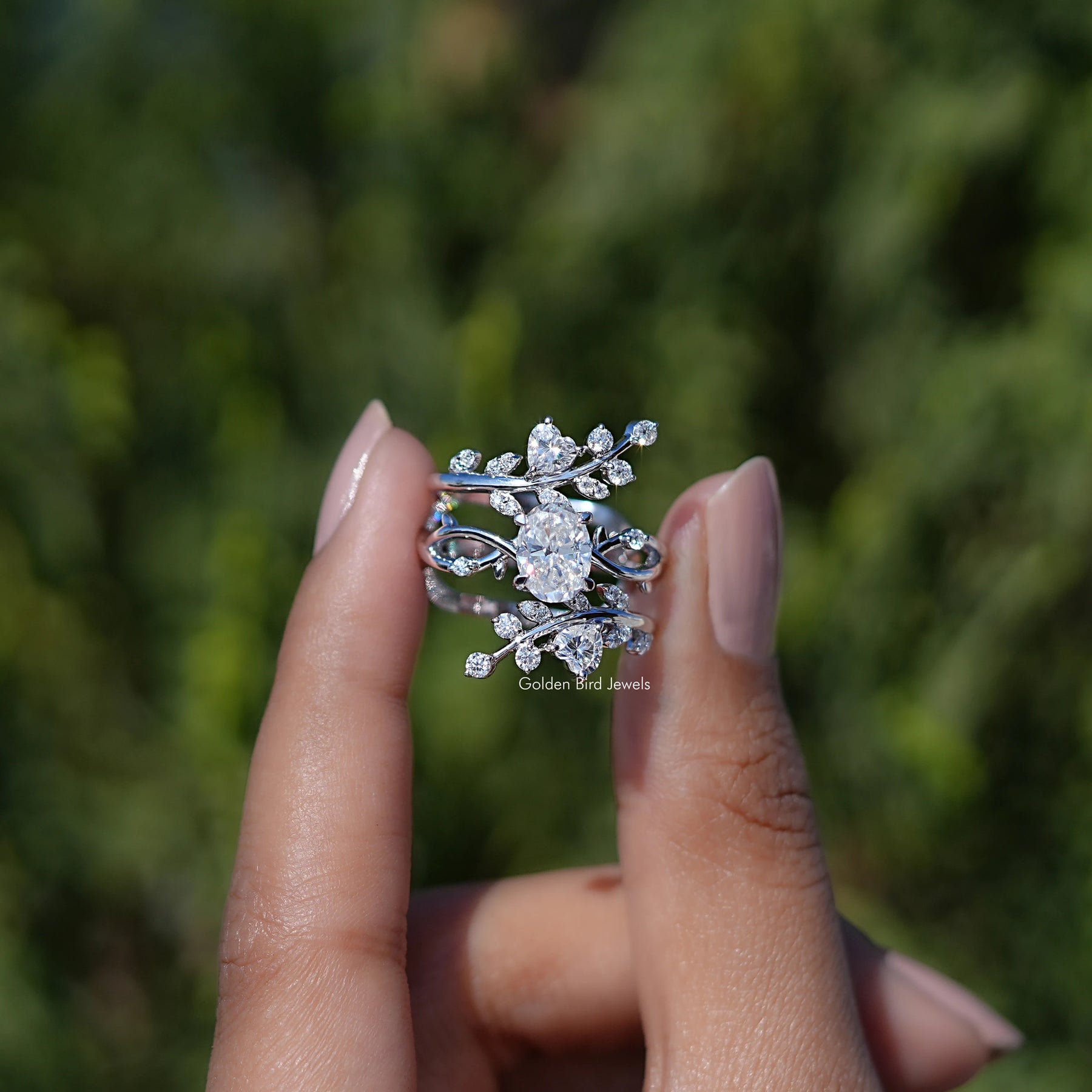 Front view of Oval Cut Moissanite Twisted Shank Bridal Ring Set