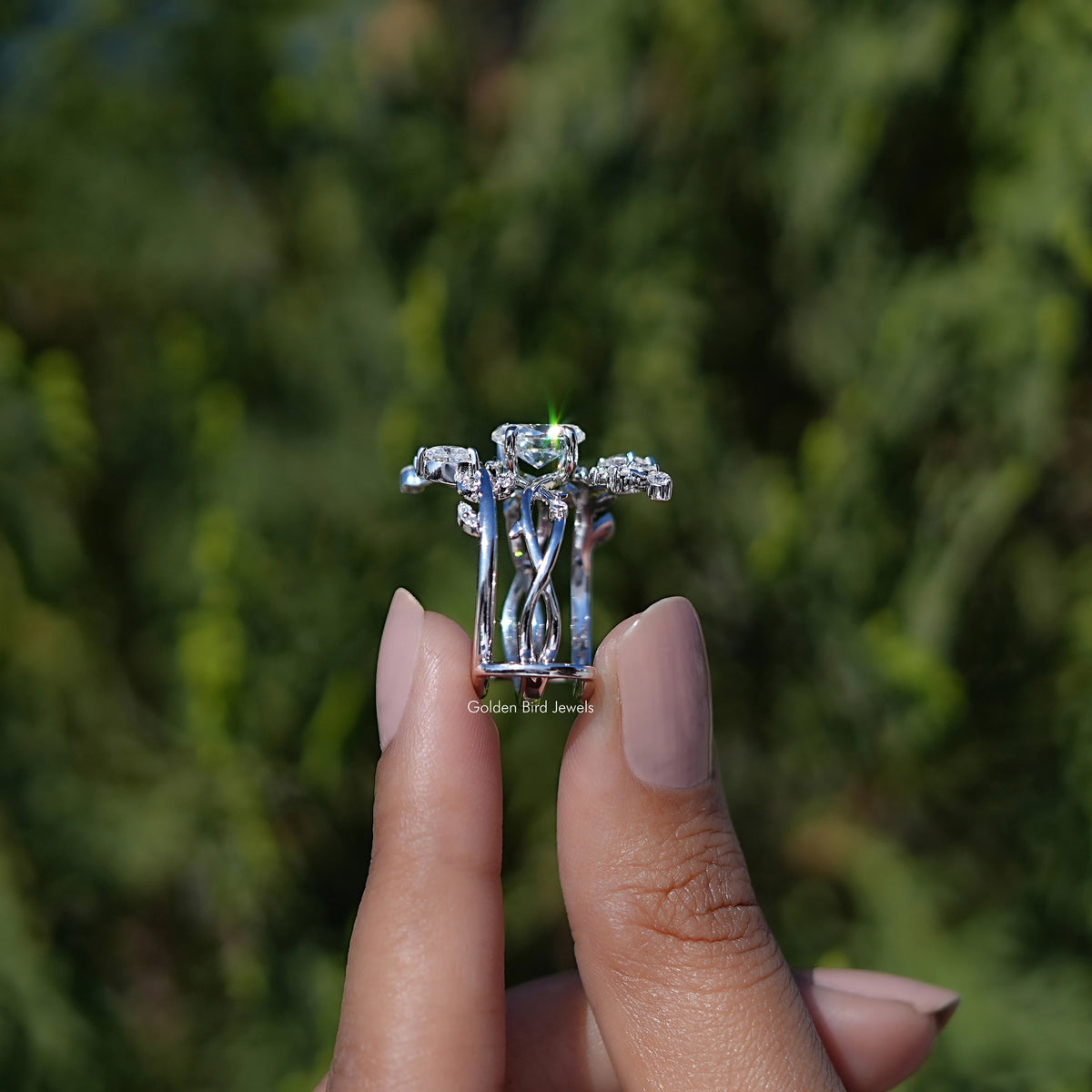 Side View Of Oval Cut Moissanite Twisted Shank Bridal Ring Set