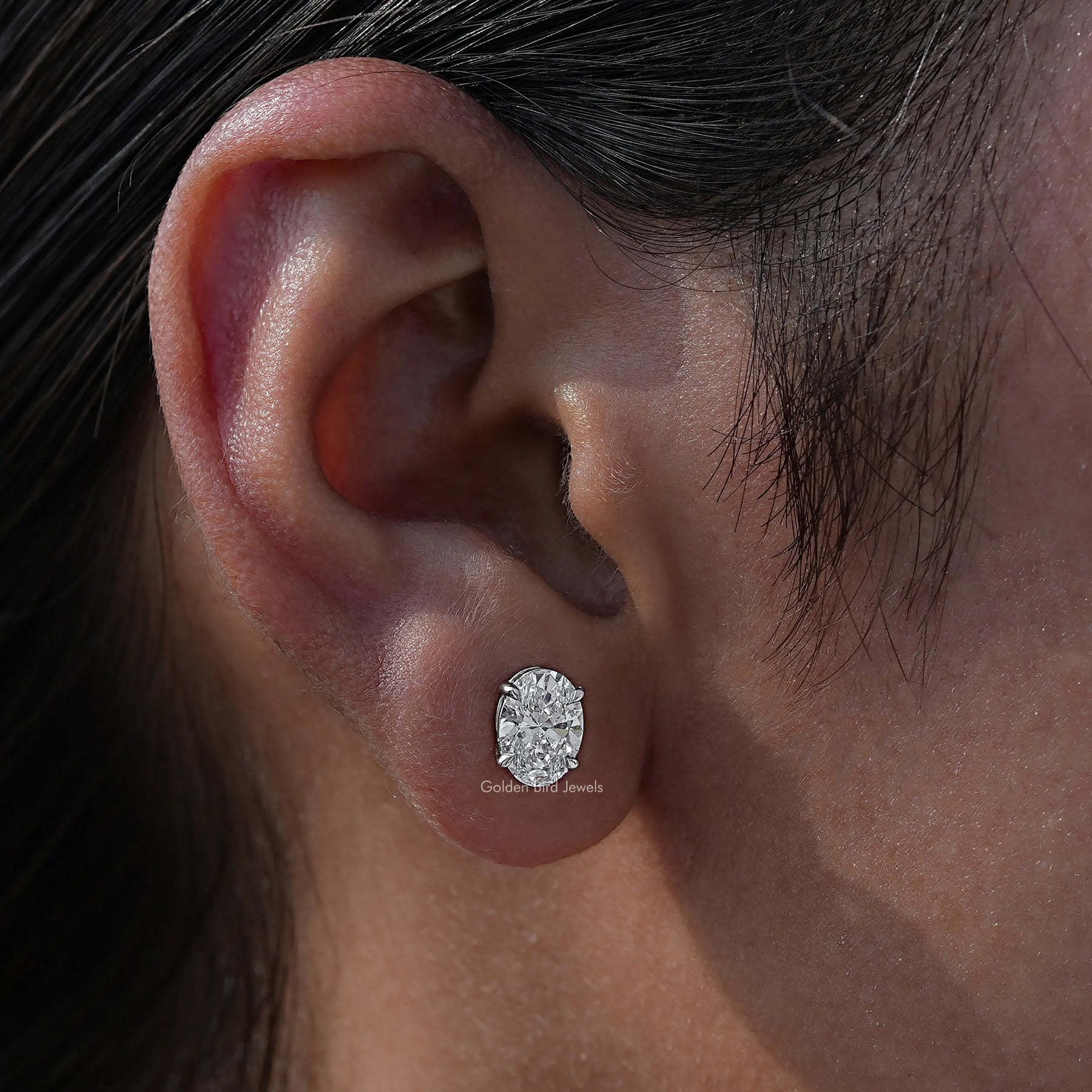 In ear view of Lab Diamond oval Cut Stud Earrings