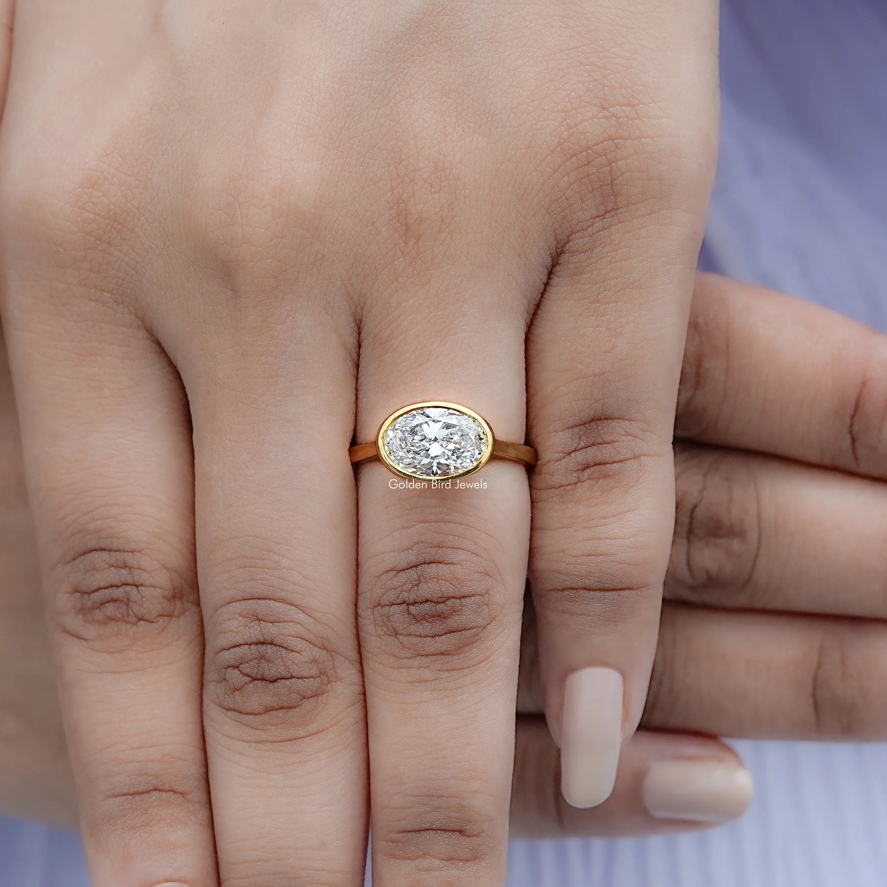 Top view of East West Oval Cut Lab Diamond Bezel Set Ring