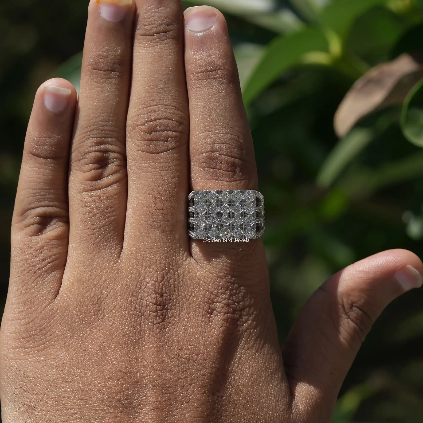 View of Pave Set Round Diamond Men's Ring In finger