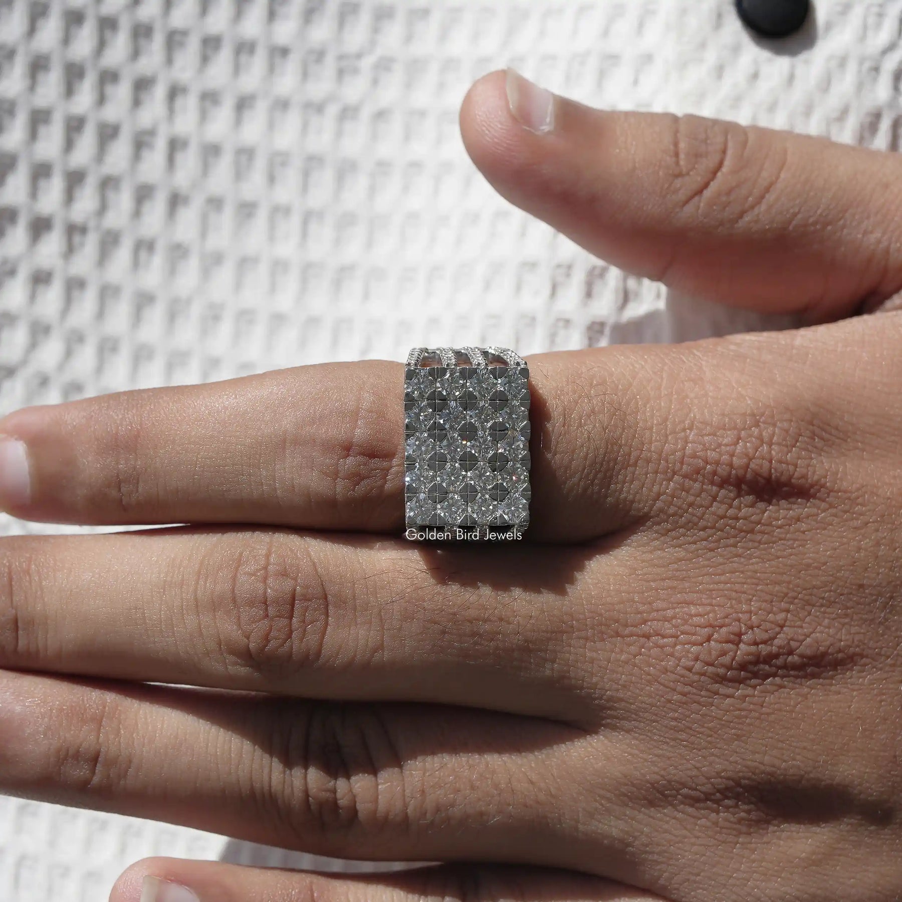 View of Round Cut Diamond Men's Ring In White Gold