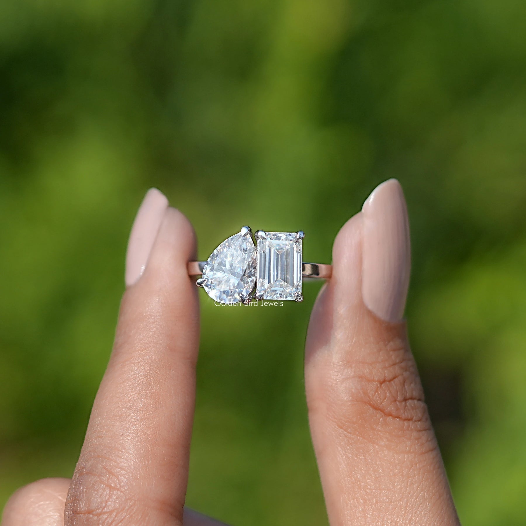 Pear And Emerald Cut Toi Et Moi Moissanite Ring