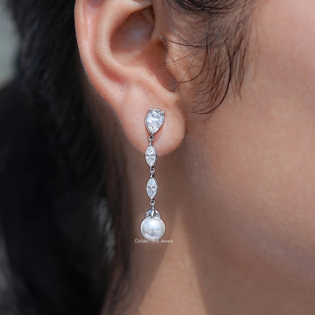 Front And Back Side View Of Pear And Marquise Moissanite Drop Earrings