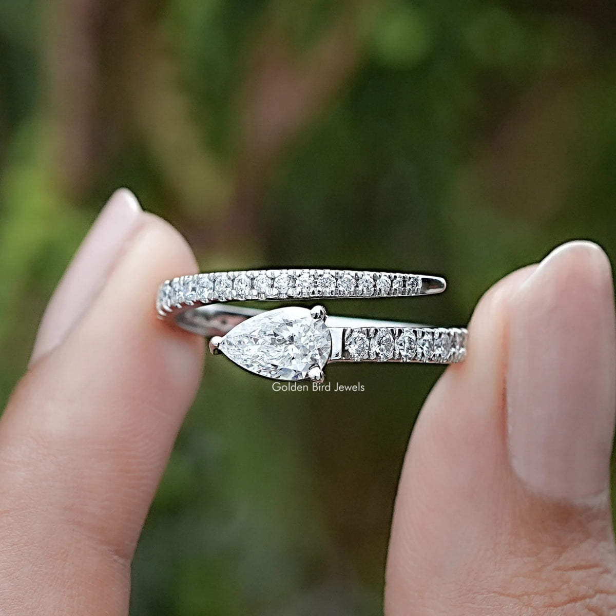 Pear And Round Cut Lab Diamond Open Cuff Band In Two Fingers