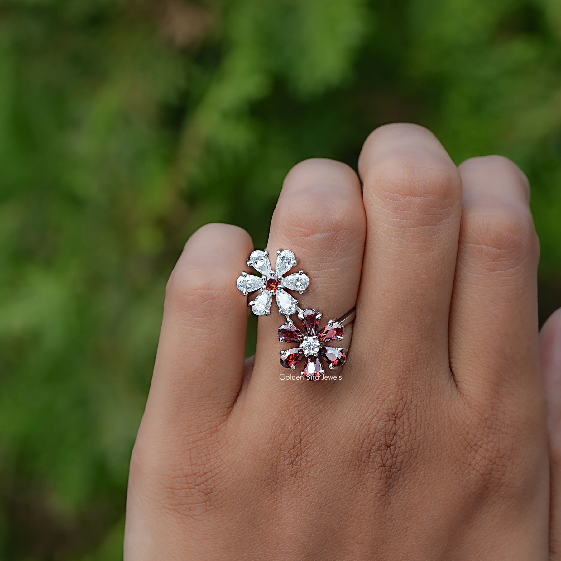 View of Pear Cut Gemstone Bypass Ring In White Gold