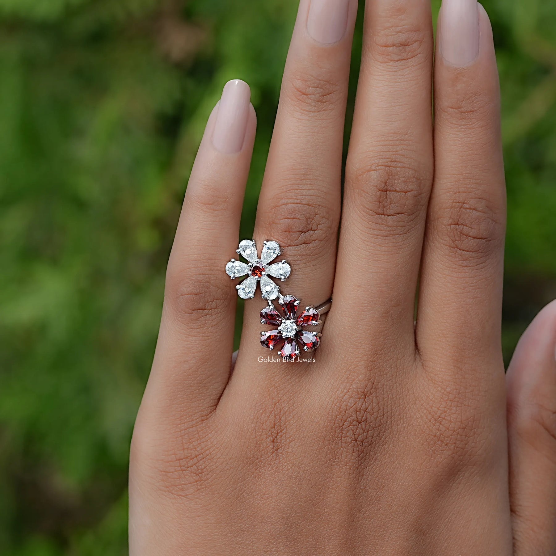 Detailed View of Gemstone Flower Shape Bypass Engagement Ring In White Gold