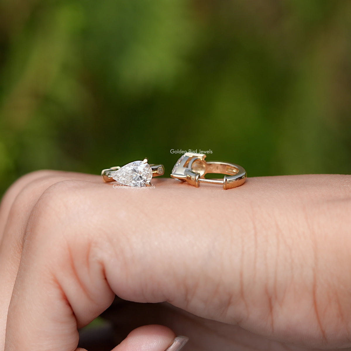 Front & back View of Diamond Solitaire Back Hoop Earrings In Yellow Gold