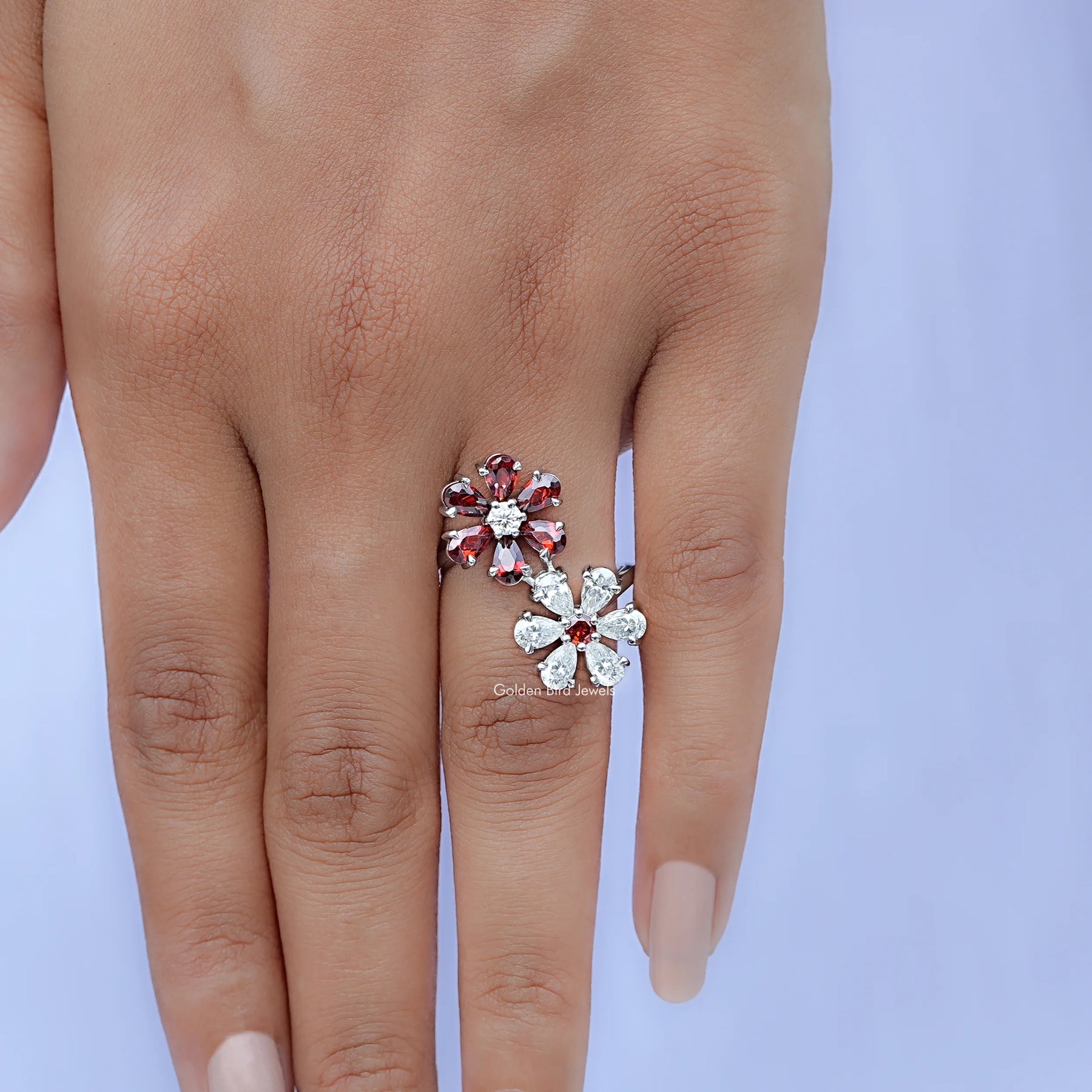 Close-Up View of Pear Shaped Gemstone Cluster Bypass Ring In White Gold