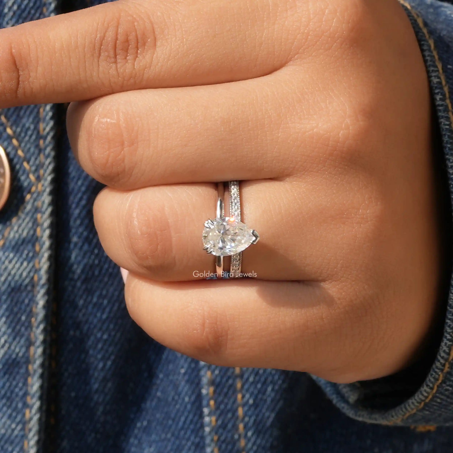 View of Pear Cut Moissanite Hidden Halo Ring In White Gold