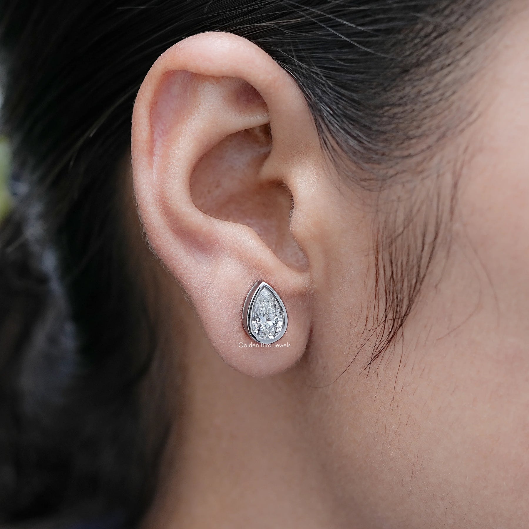 Side View of Lab Diamond Pear Shaped Bezel Set Stud Earrings